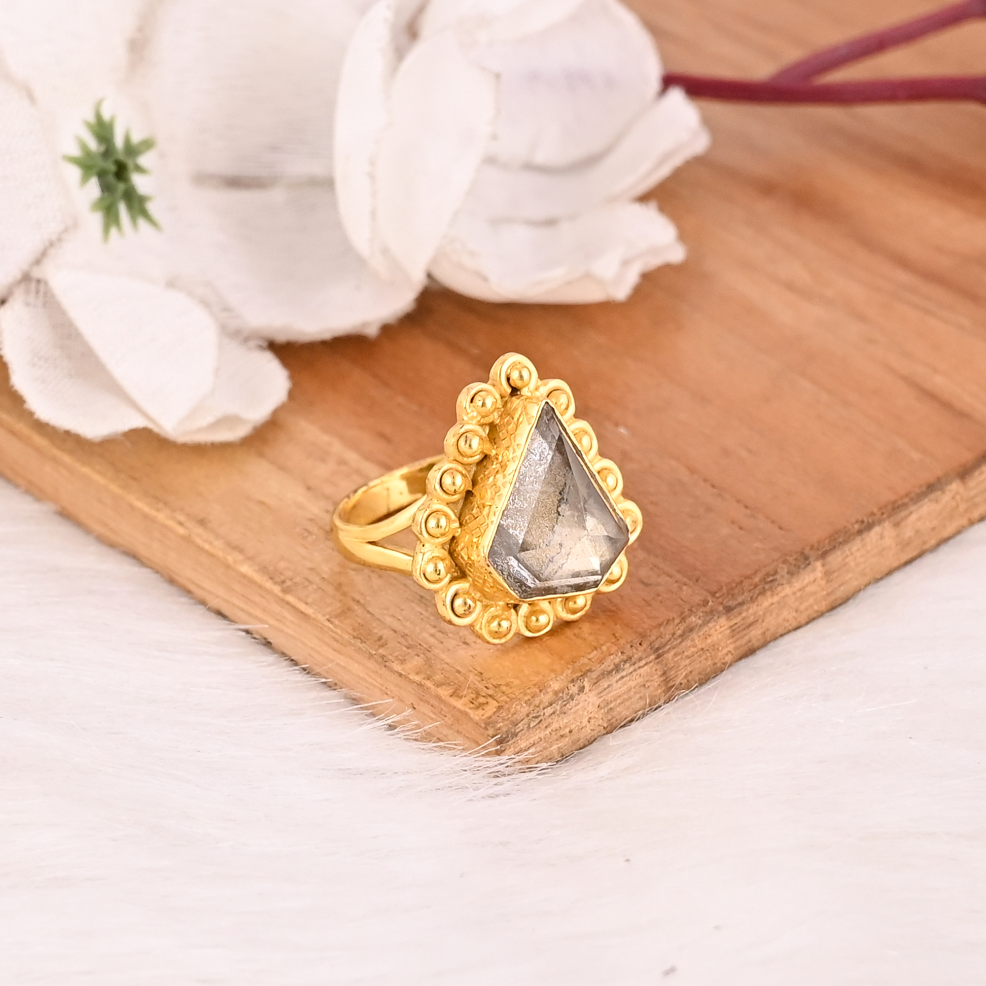 Stylish Pyrite  Crystal Doublet Gemstone Ring Handmade Fashion Jewelry for Women