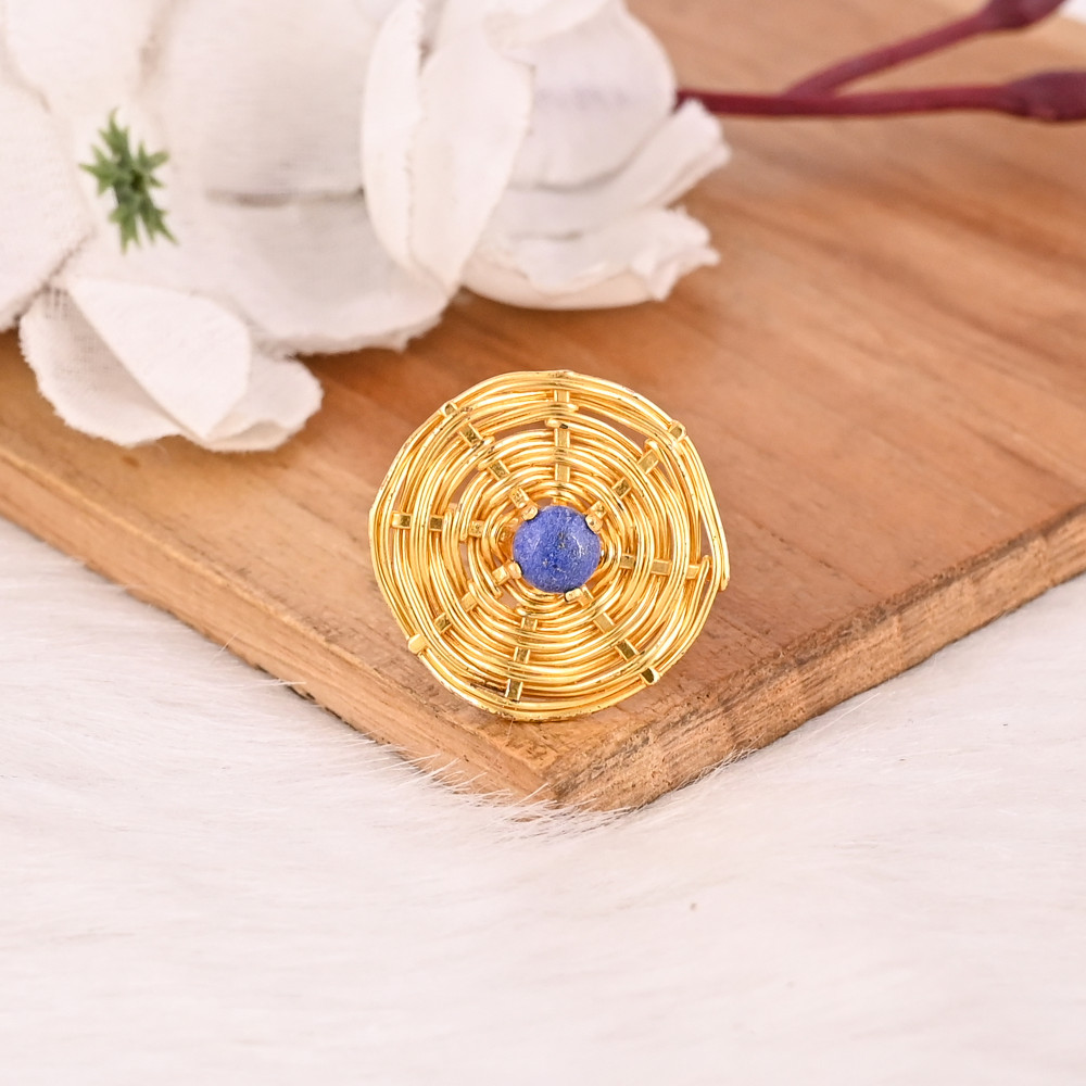 Image of Natural Lapis Lazuli Brass Ring Gold Plated Handmade Fashion Jewelry for Women