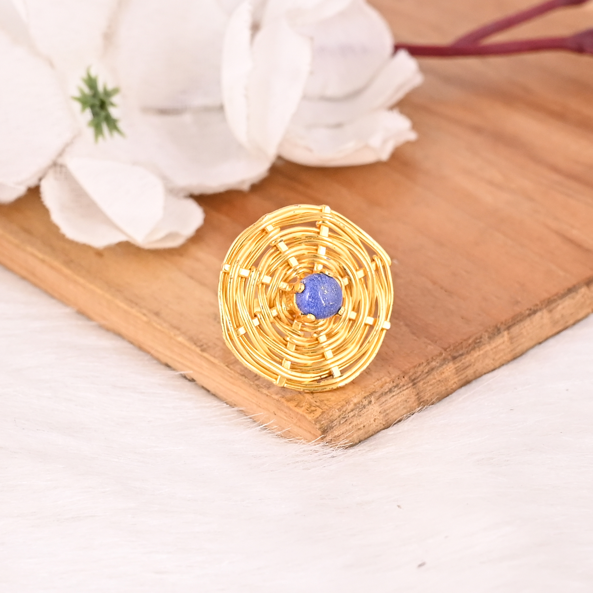Natural Lapis Lazuli Brass Ring Gold Plated Handmade Fashion Jewelry for Women