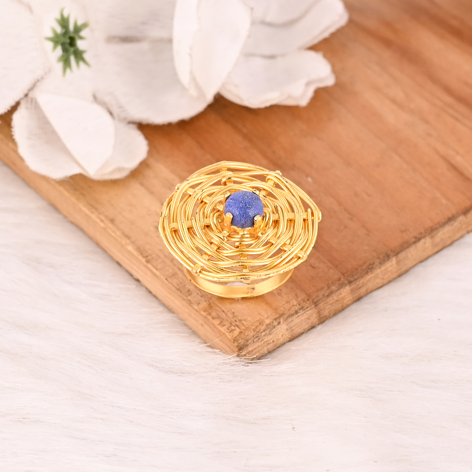 Natural Lapis Lazuli Brass Ring Gold Plated Handmade Fashion Jewelry for Women