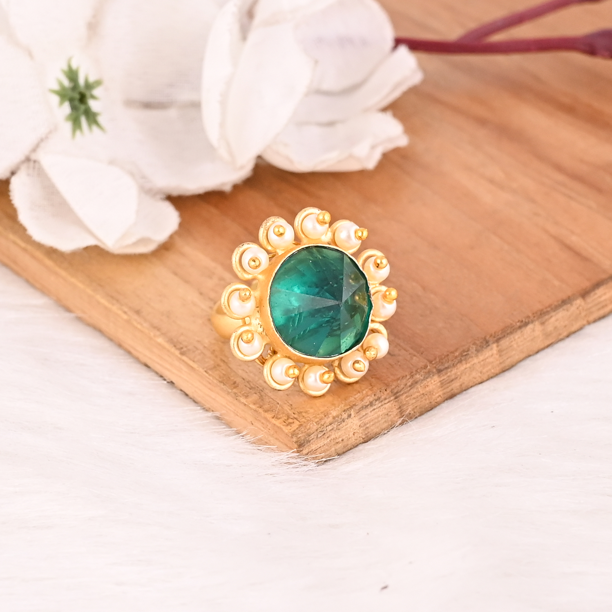 Stylish Blue Topaz Hydro  Pearl Adjustable Ring Handmade Gemstone Jewelry for Women