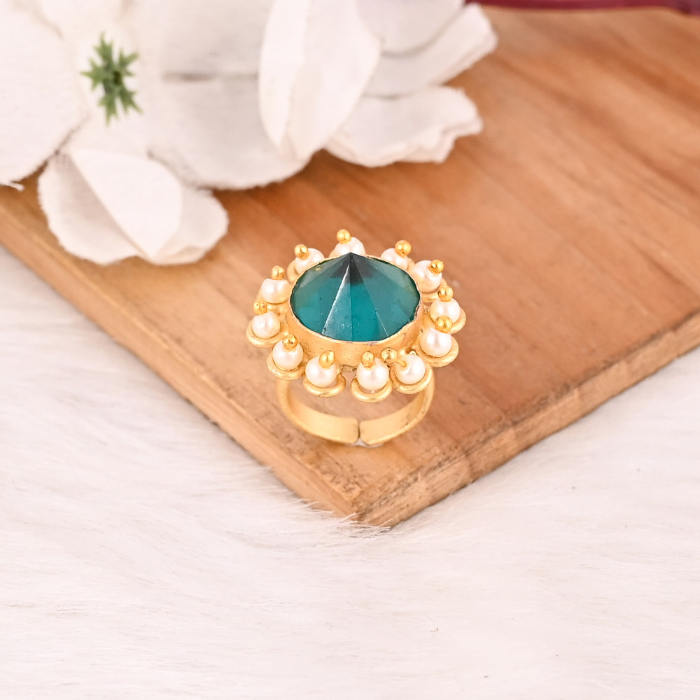 Image of Stylish Blue Topaz Hydro &amp; Pearl Adjustable Ring Handmade Gemstone Jewelry for Women