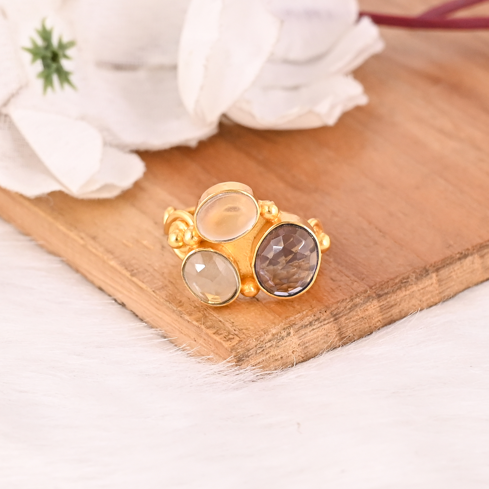 Tanzanite Hydro Green Amethyst Hydro and Crystal Gemstone Brass Ring Handmade Fashion Jewelry for women