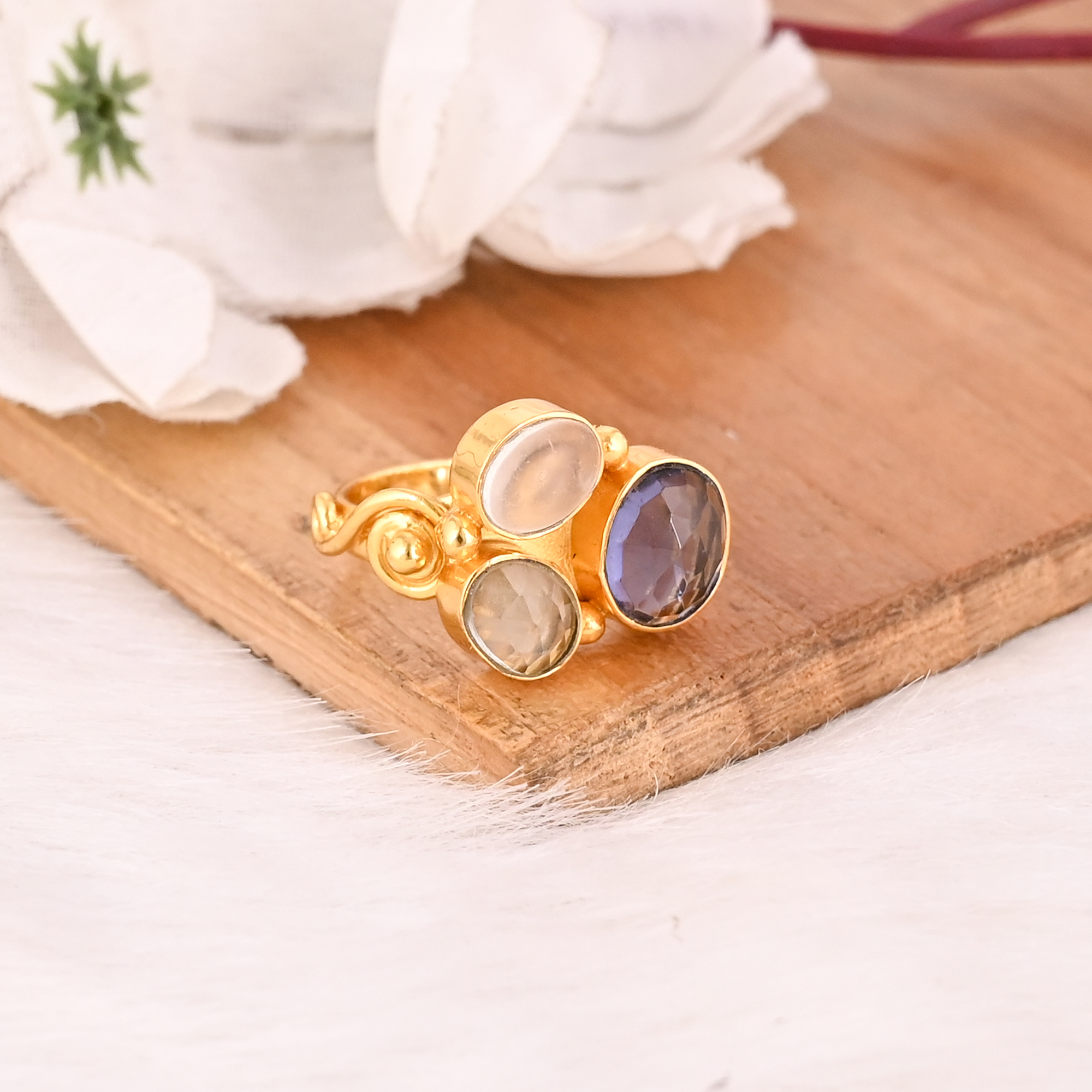 Tanzanite Hydro Green Amethyst Hydro and Crystal Gemstone Brass Ring Handmade Fashion Jewelry for women