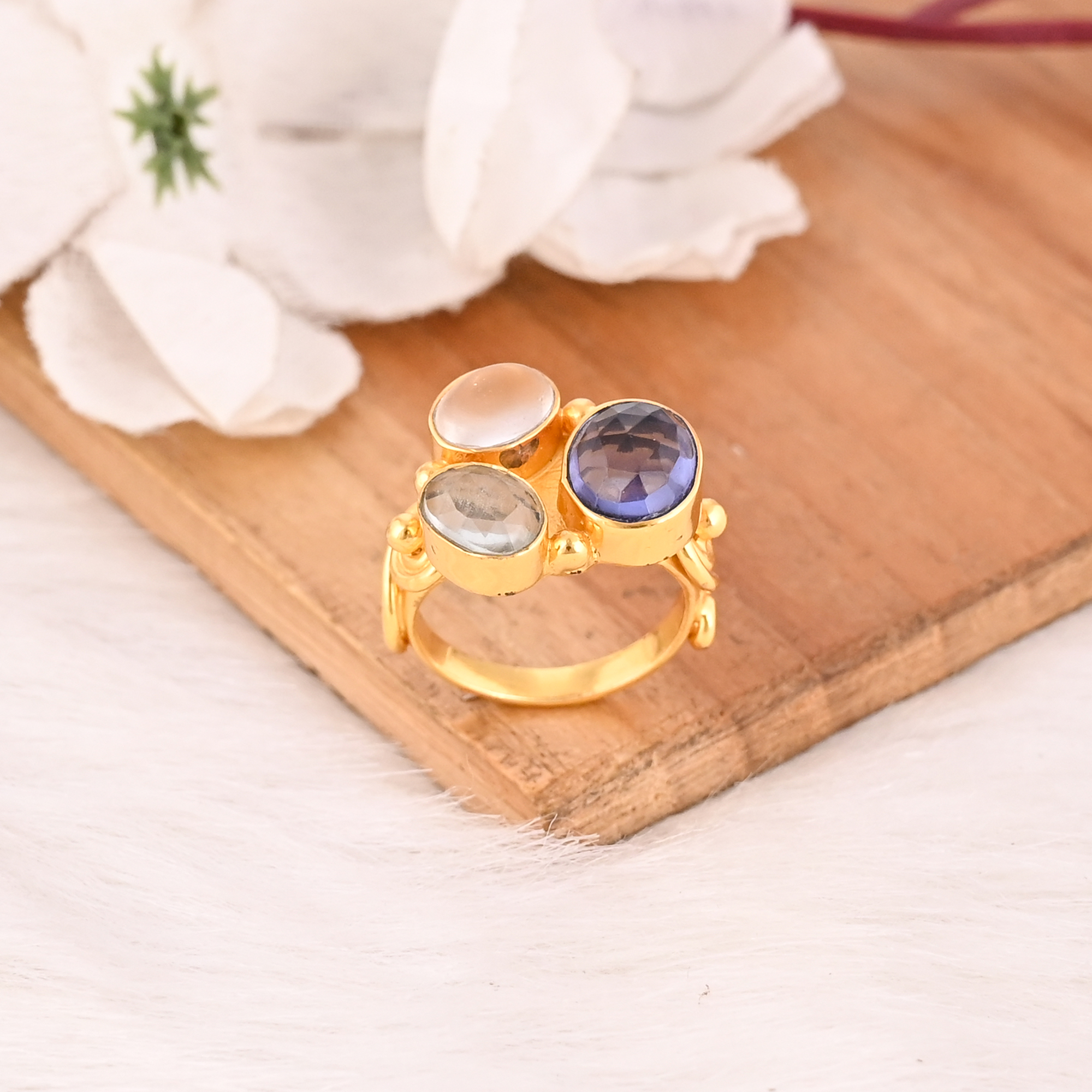 Tanzanite Hydro Green Amethyst Hydro and Crystal Gemstone Brass Ring Handmade Fashion Jewelry for women