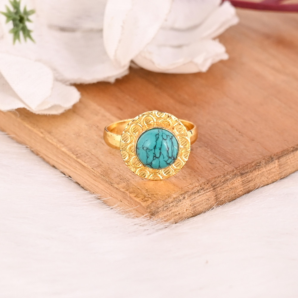 Image of Natural Synthetic Turquoise Gemstone Ring Gold Plated Handmade Stylish Brass Jewelry for Women