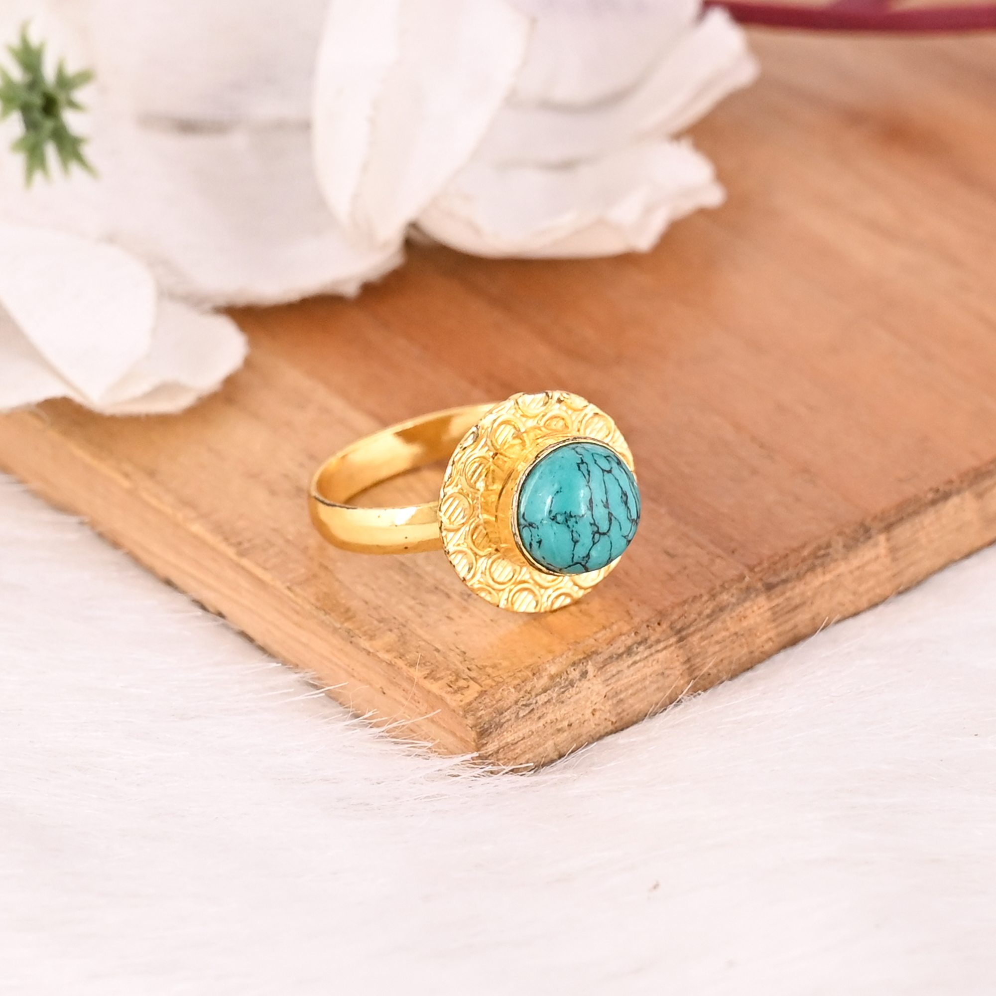 Natural Synthetic Turquoise Gemstone Ring Gold Plated Handmade Stylish Brass Jewelry for Women