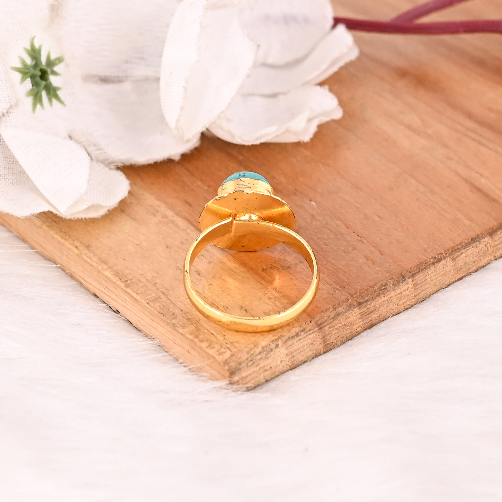 Natural Synthetic Turquoise Gemstone Ring Gold Plated Handmade Stylish Brass Jewelry for Women