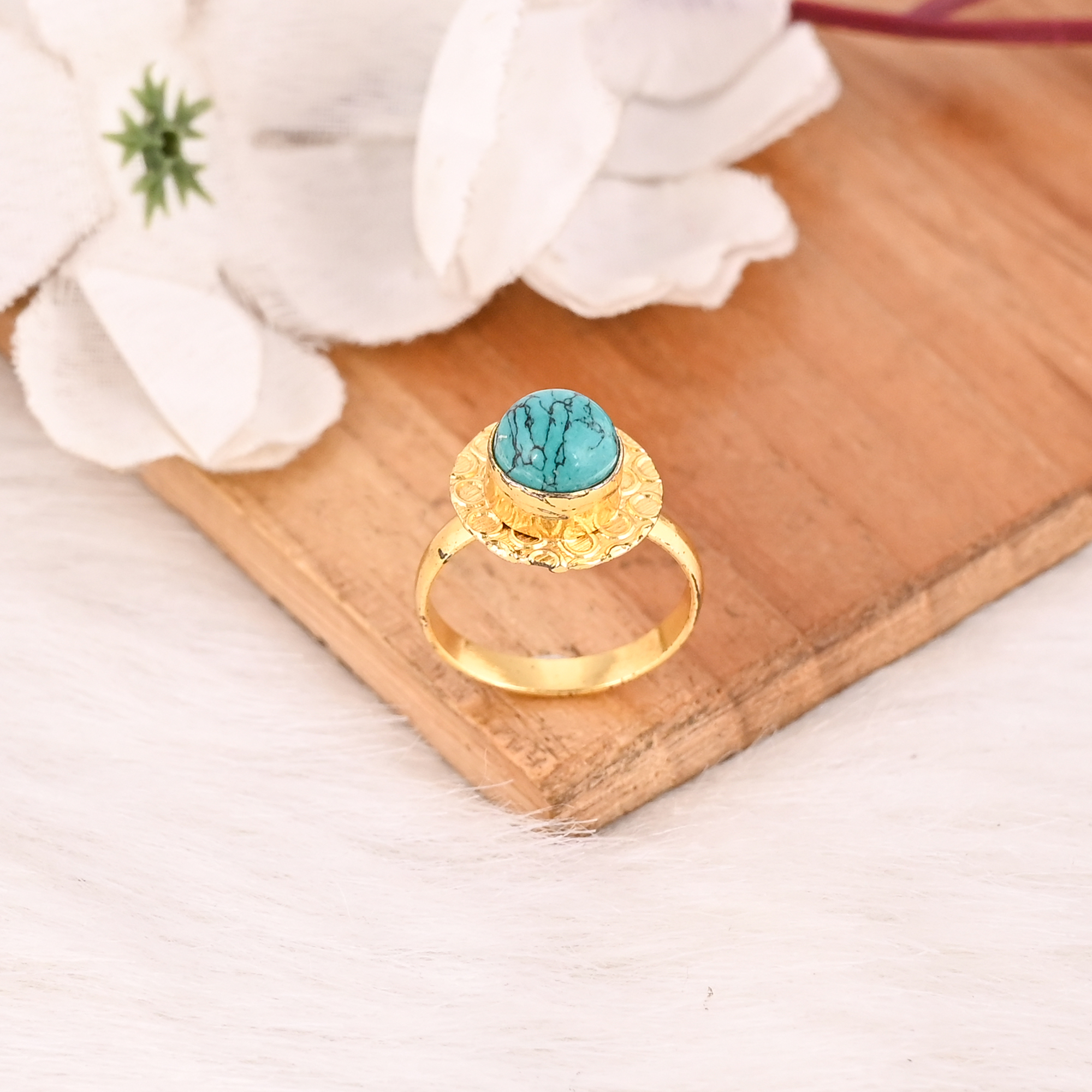 Natural Synthetic Turquoise Gemstone Ring Gold Plated Handmade Stylish Brass Jewelry for Women