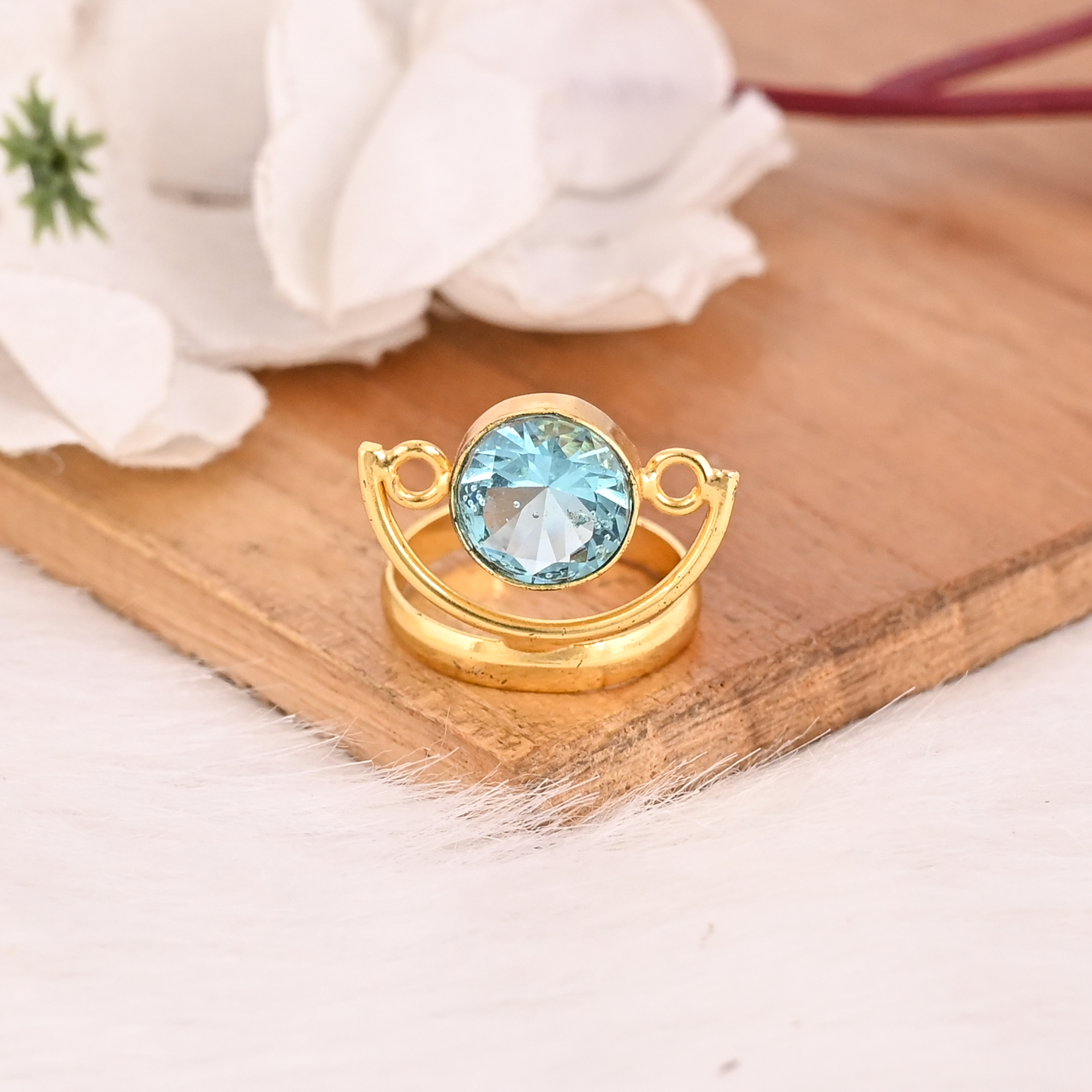 Blue Topaz Hydro Brass Ring for Women Gold Plated Adjustable Fashion Jewelry