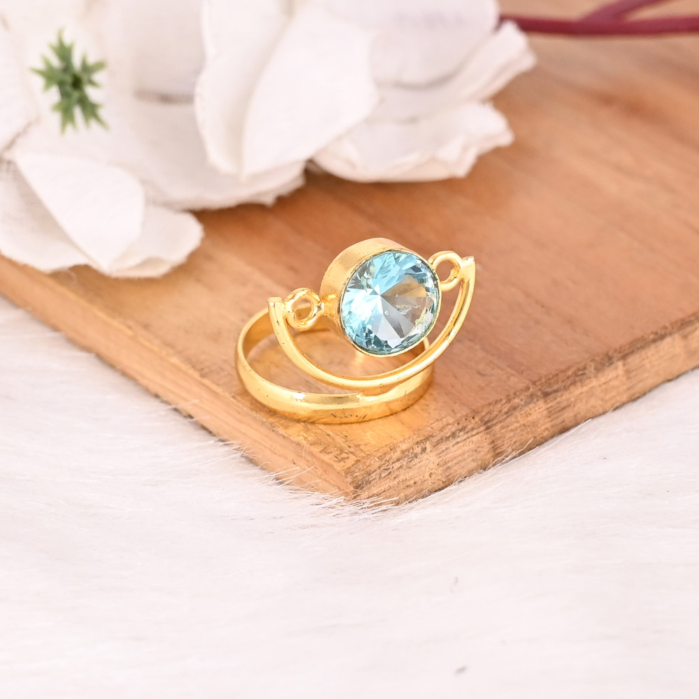 Image of Blue Topaz Hydro Brass Ring for Women Gold Plated Adjustable Fashion Jewelry