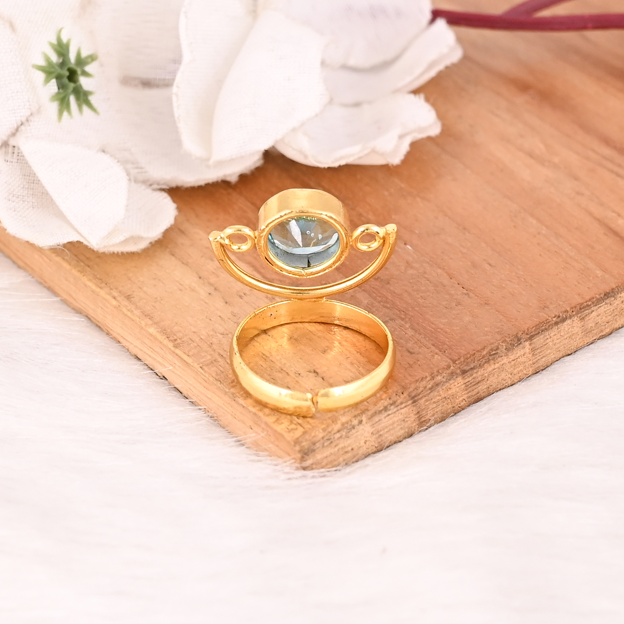 Blue Topaz Hydro Brass Ring for Women Gold Plated Adjustable Fashion Jewelry