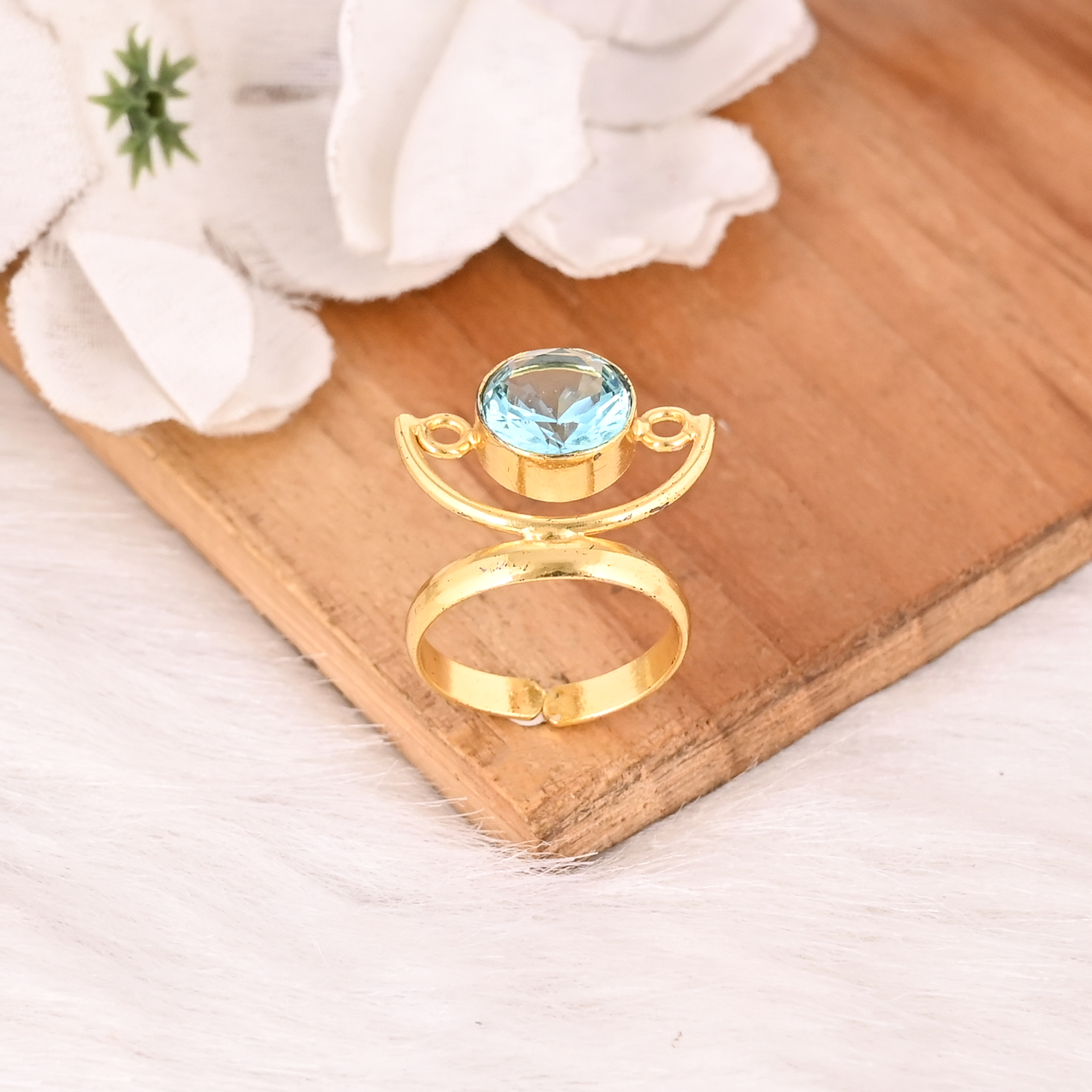 Blue Topaz Hydro Brass Ring for Women Gold Plated Adjustable Fashion Jewelry