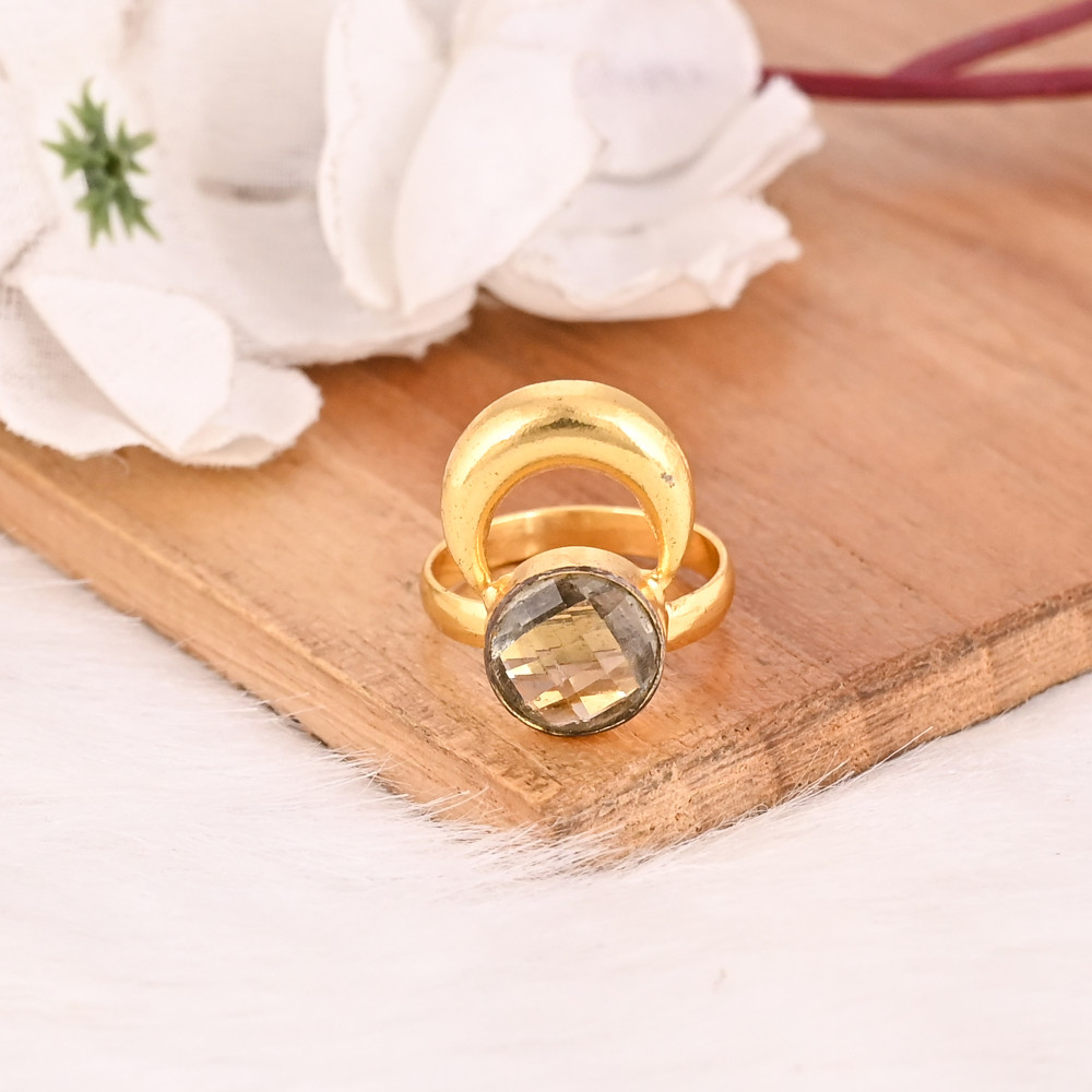Image of Adjustable Stylish Green Amethyst Hydro Gemstone Gold Plated Brass Handmade Ring for Women