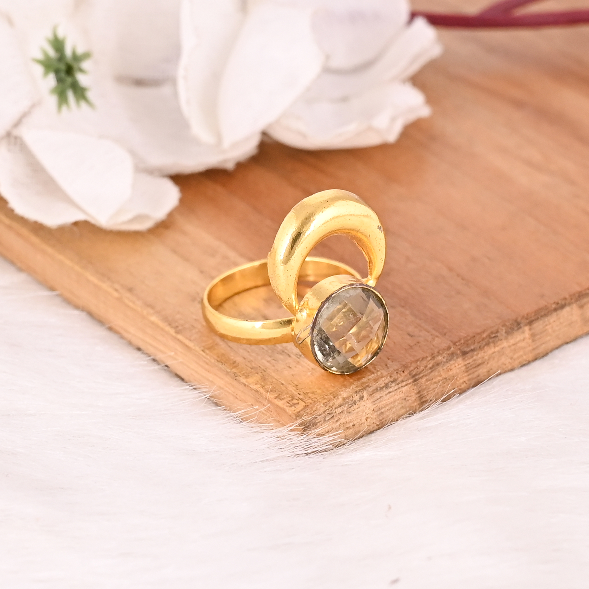 Adjustable Stylish Green Amethyst Hydro Gemstone Gold Plated Brass Handmade Ring for Women