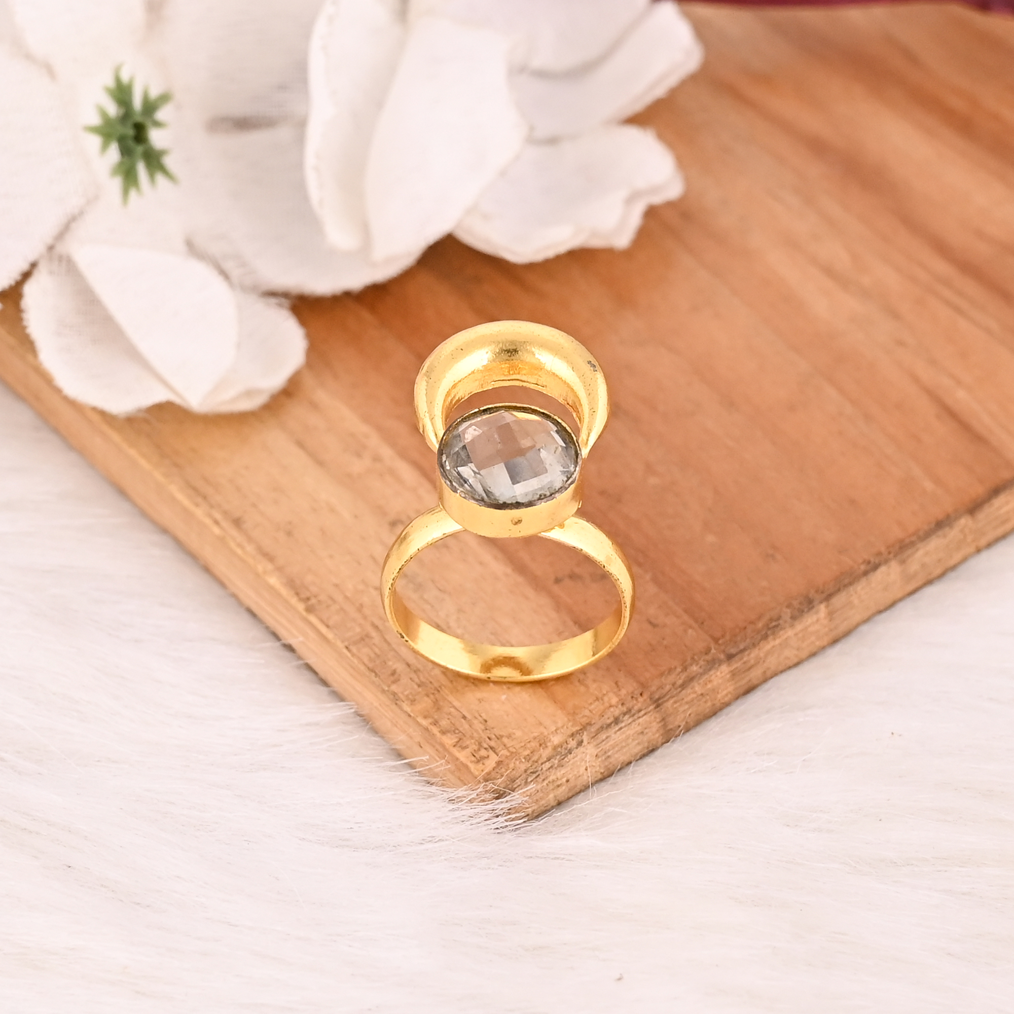Adjustable Stylish Green Amethyst Hydro Gemstone Gold Plated Brass Handmade Ring for Women