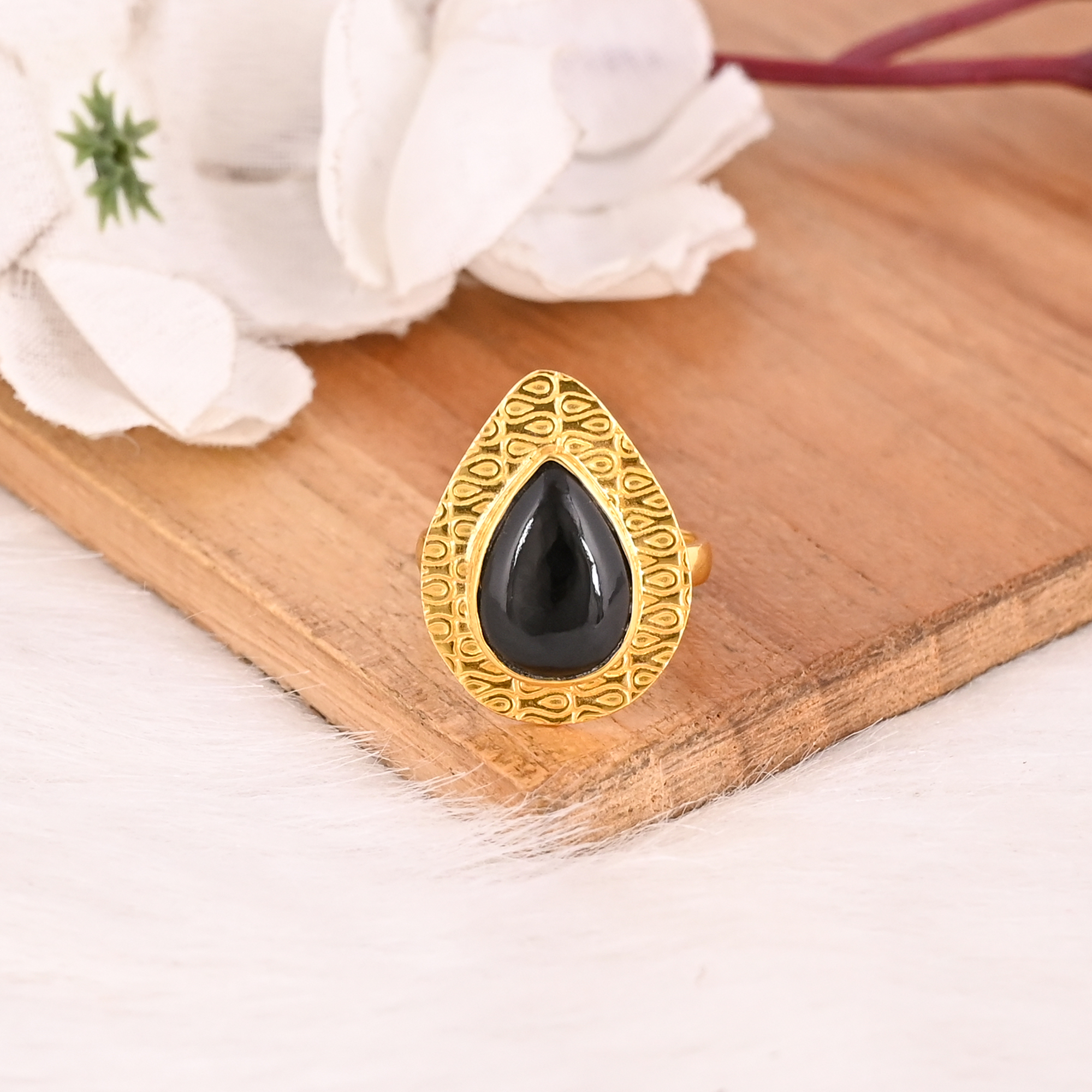Black Onyx Ring Handmade Adjustable Stylish Brass Jewelry for Women