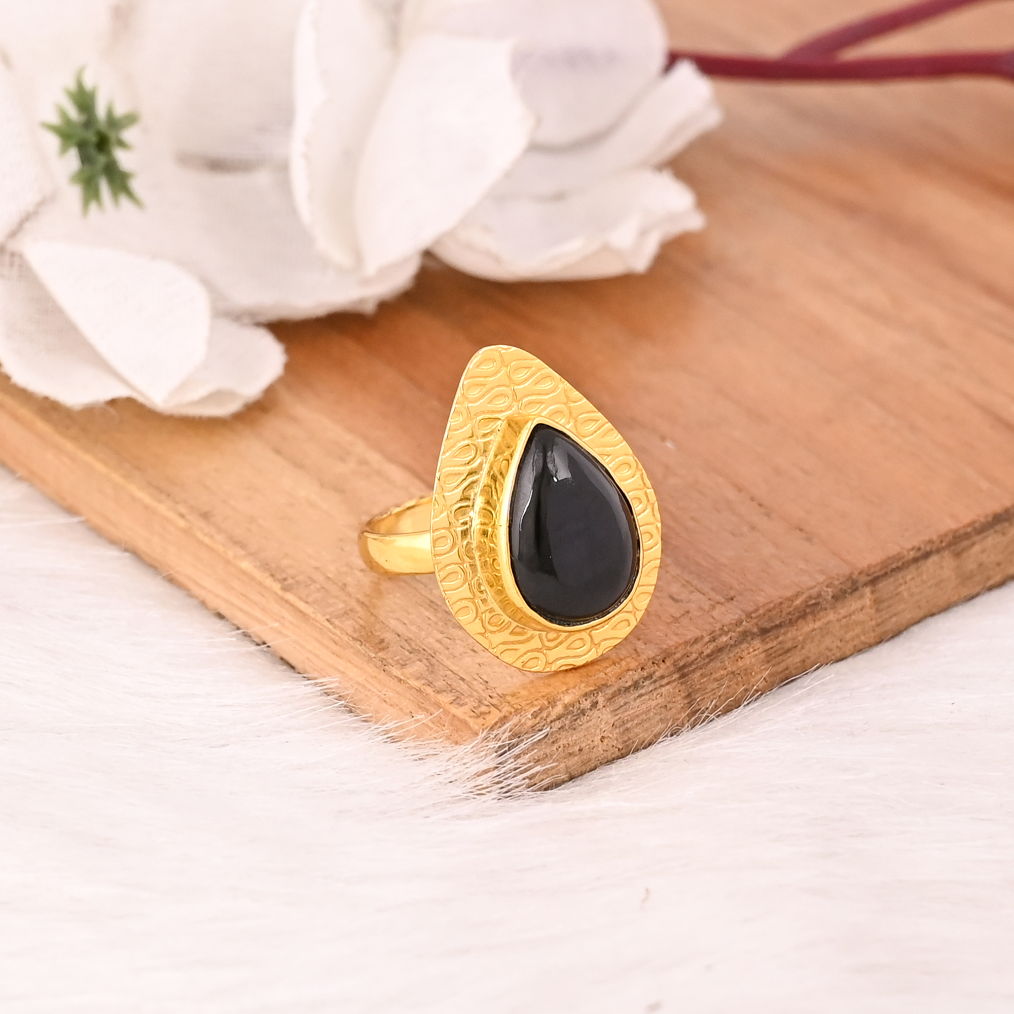 Black Onyx Ring Handmade Adjustable Stylish Brass Jewelry for Women