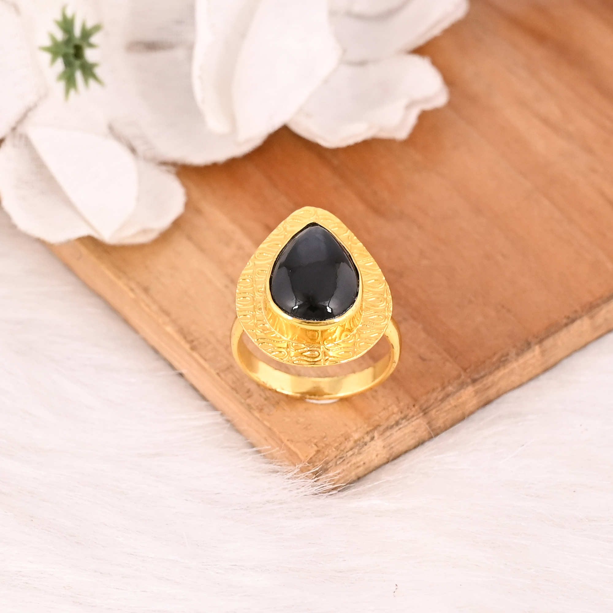 Black Onyx Ring Handmade Adjustable Stylish Brass Jewelry for Women