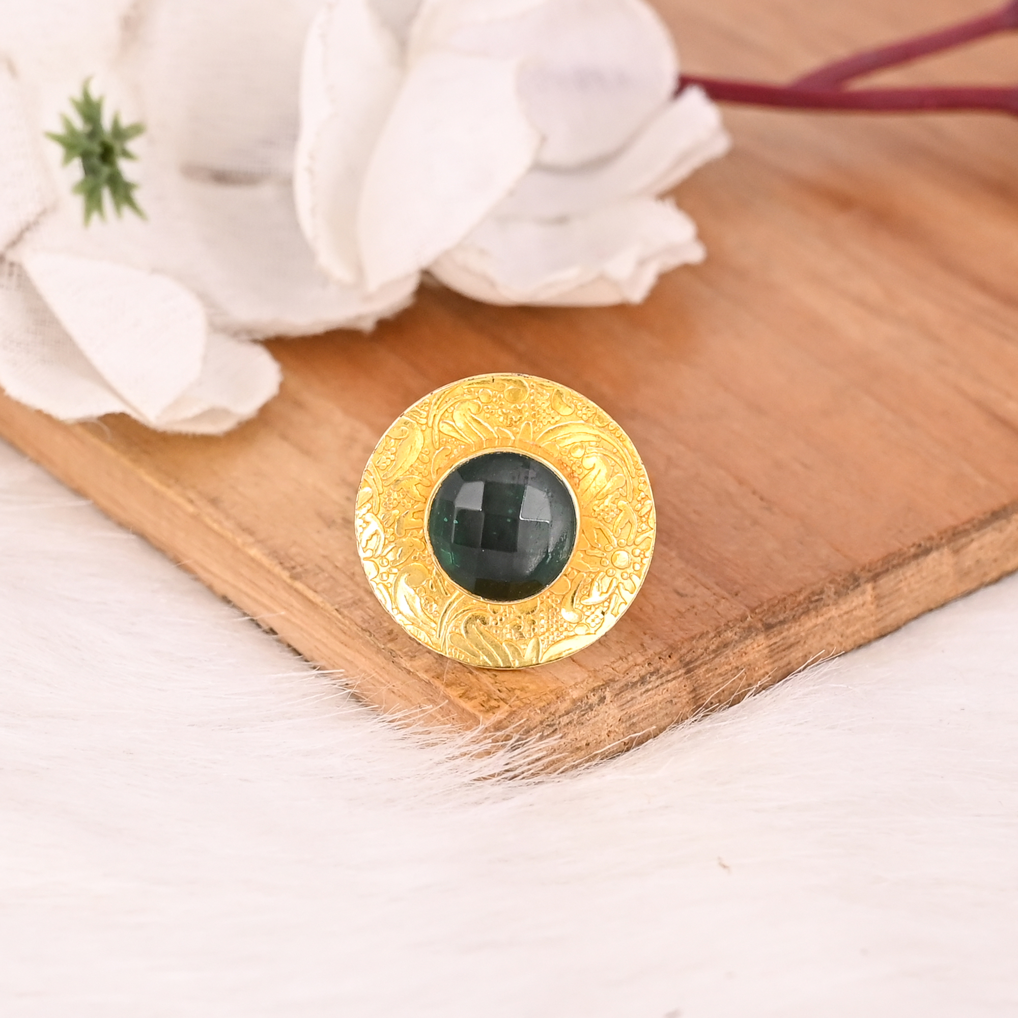 Green Crystal Doublet Brass Ring Handmade Adjustable Boho Statement Fashion Jewelry for Women