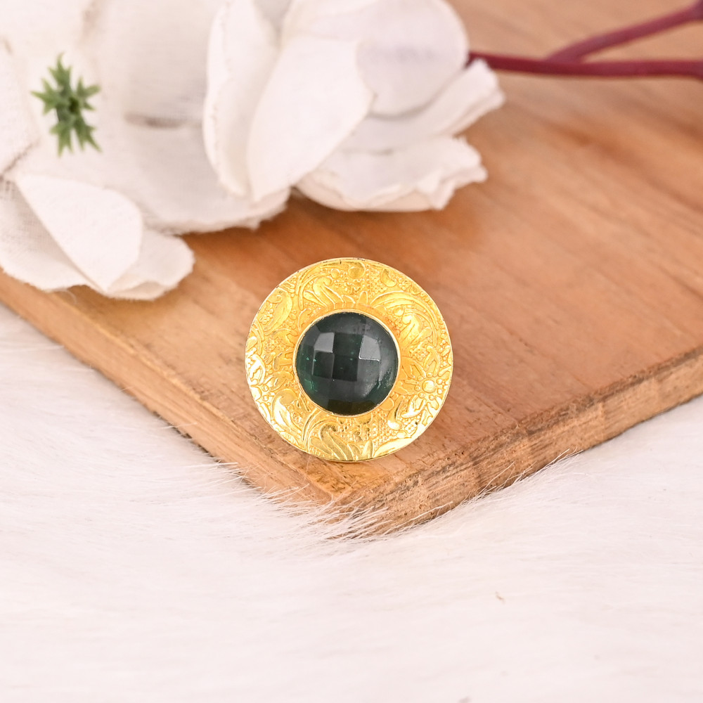 Image of Green Crystal Doublet Brass Ring Handmade Adjustable Boho Statement Fashion Jewelry for Women