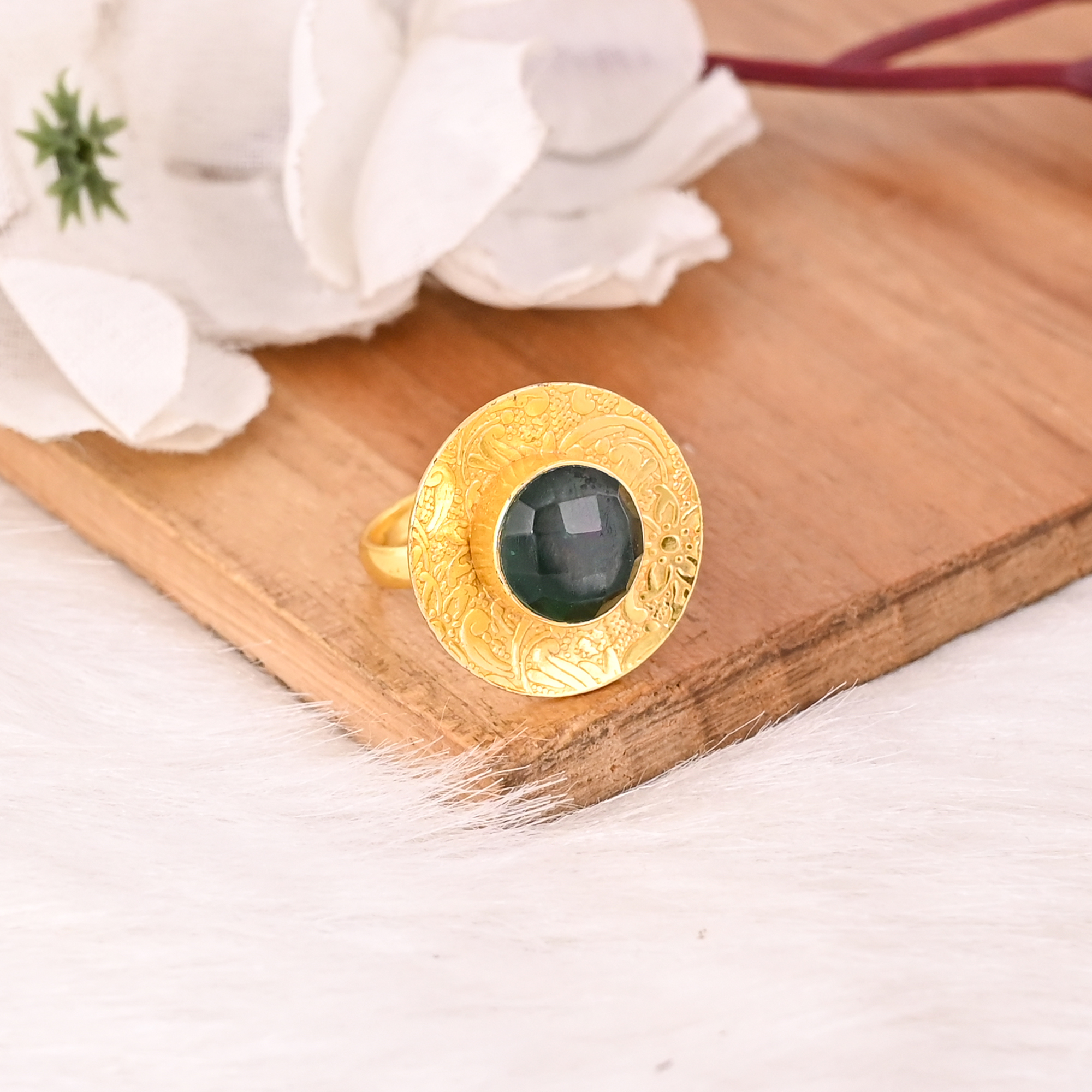 Green Crystal Doublet Brass Ring Handmade Adjustable Boho Statement Fashion Jewelry for Women