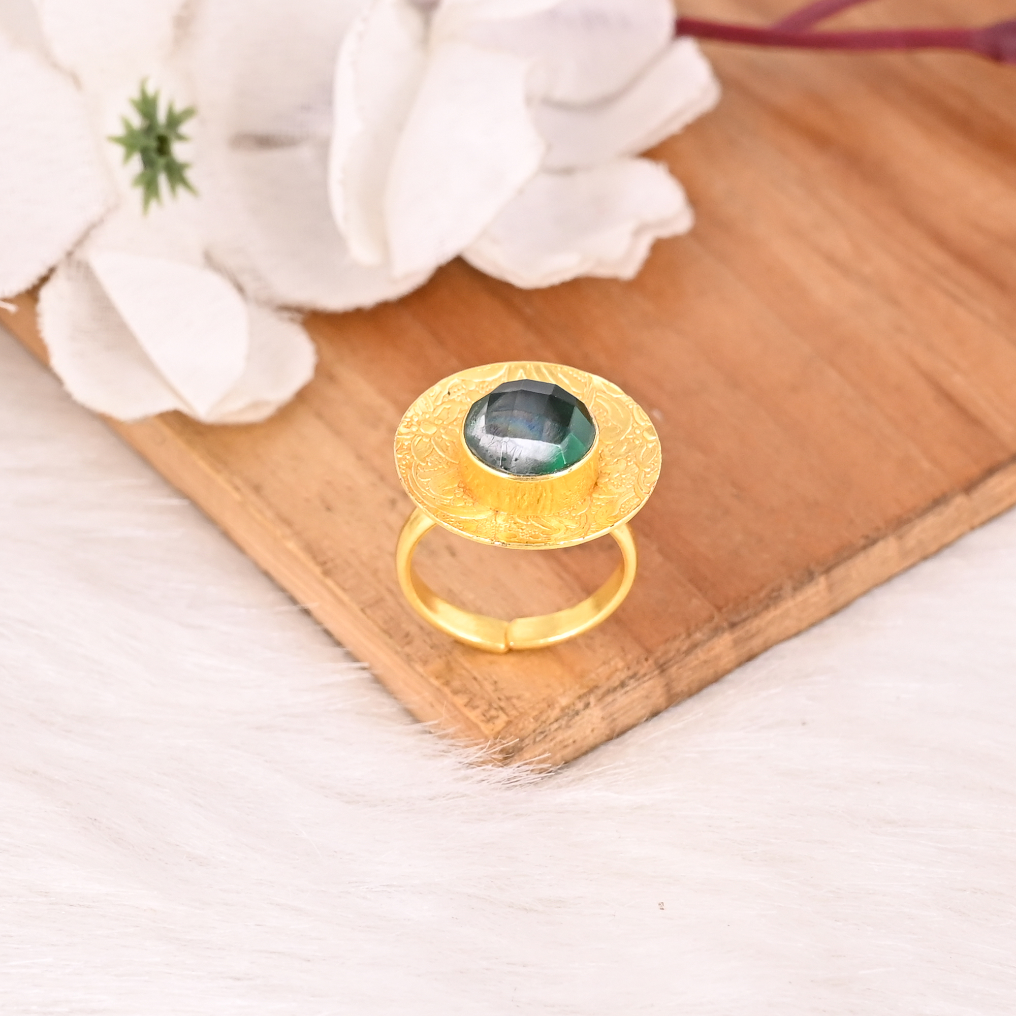 Green Crystal Doublet Brass Ring Handmade Adjustable Boho Statement Fashion Jewelry for Women