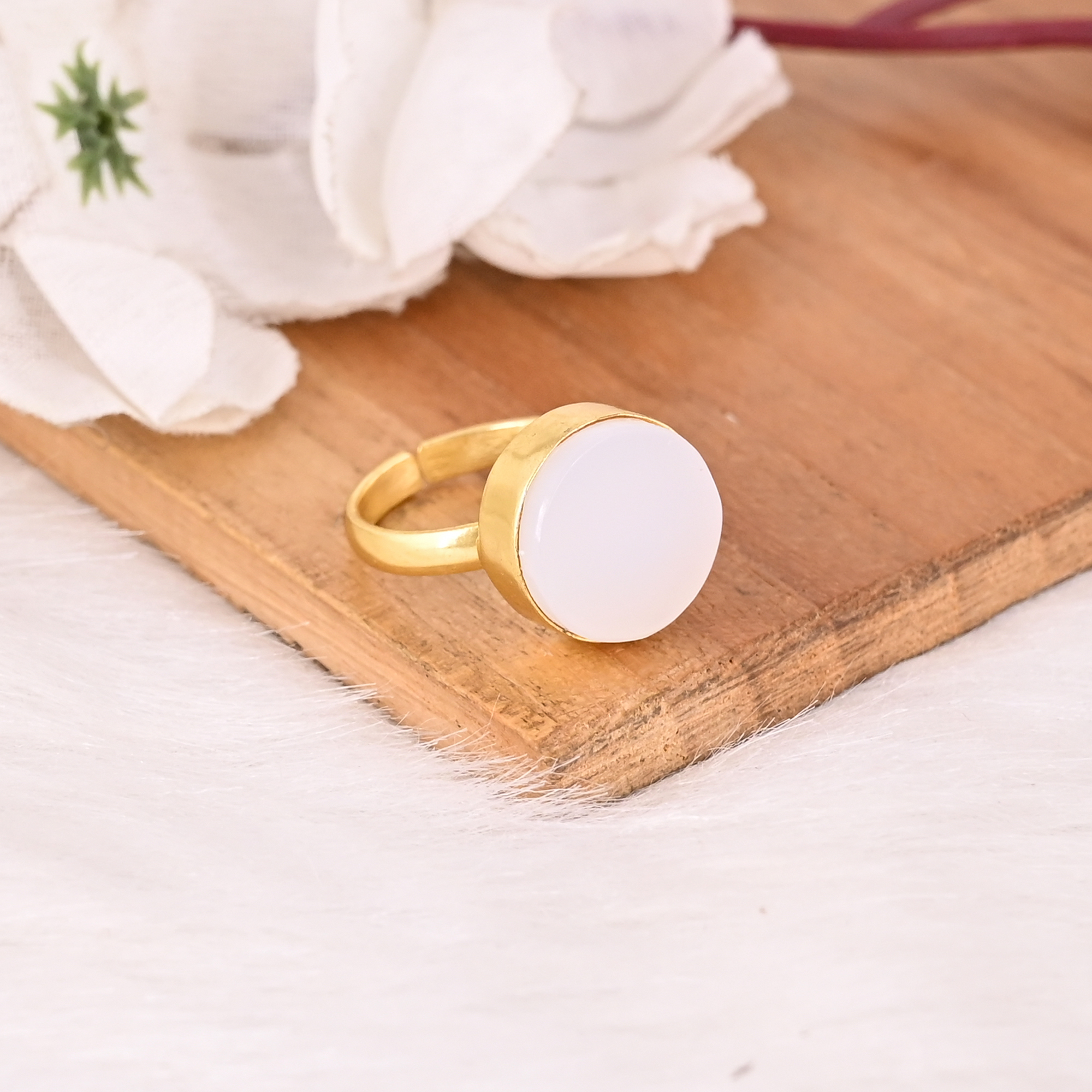 Natural White Onyx Brass Gold Plated Stylish Ring Handmade Jewelry for Women