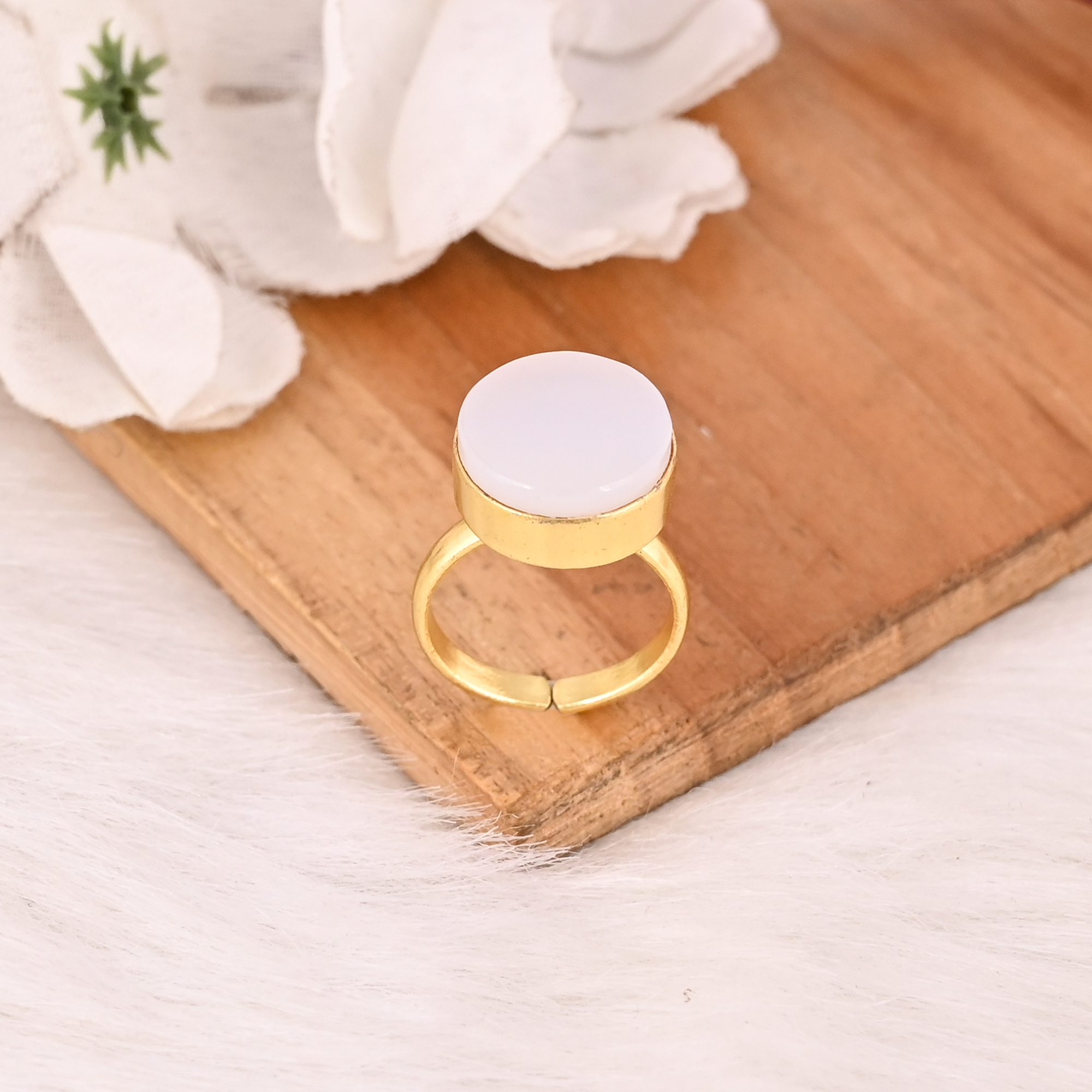 Natural White Onyx Brass Gold Plated Stylish Ring Handmade Jewelry for Women
