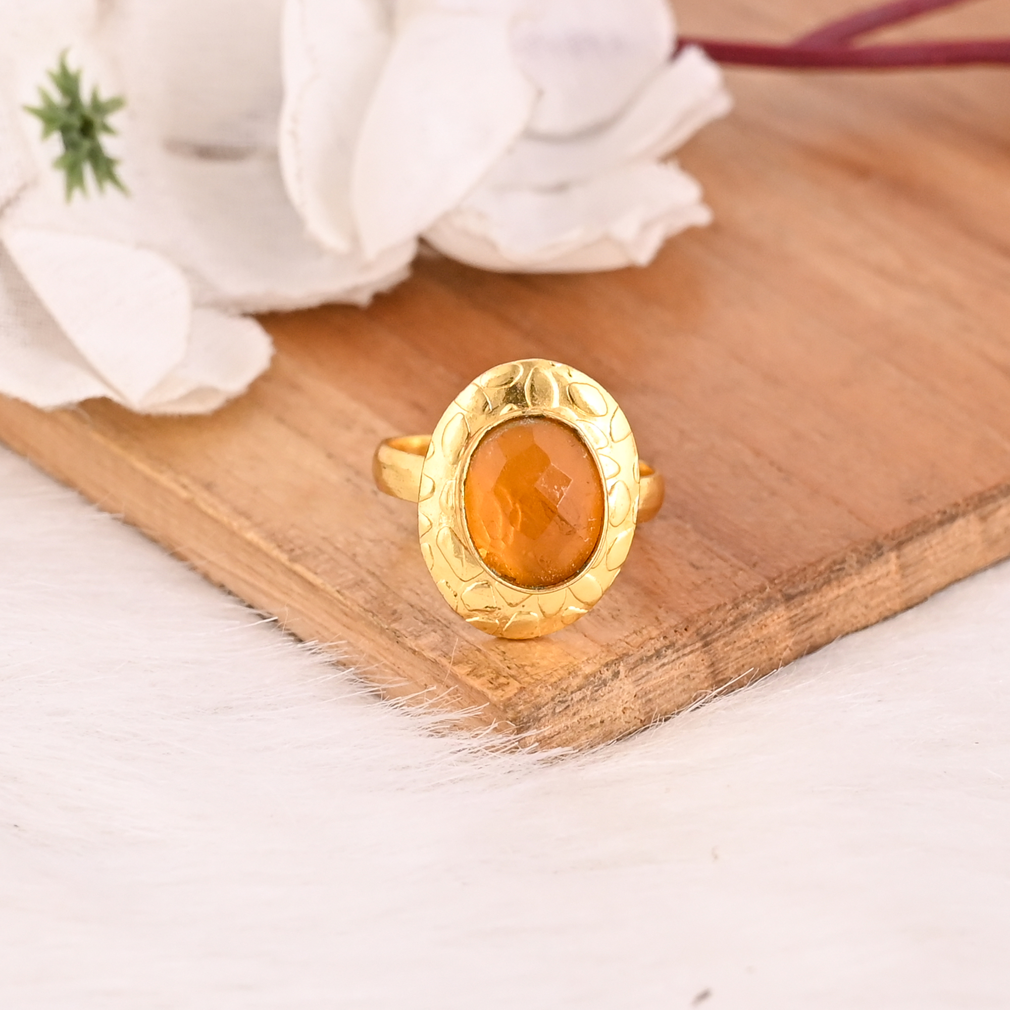 Elegant Hydro Citrine Adjustable Ring Handmade Gold Plated Brass Gemstone Jewelry for Women