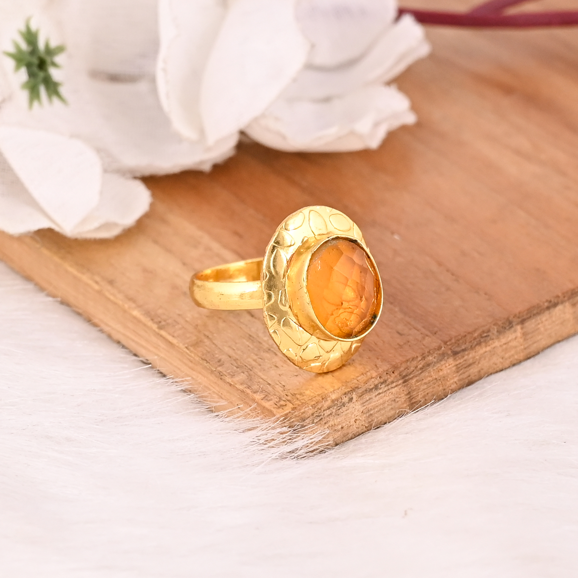 Elegant Hydro Citrine Adjustable Ring Handmade Gold Plated Brass Gemstone Jewelry for Women