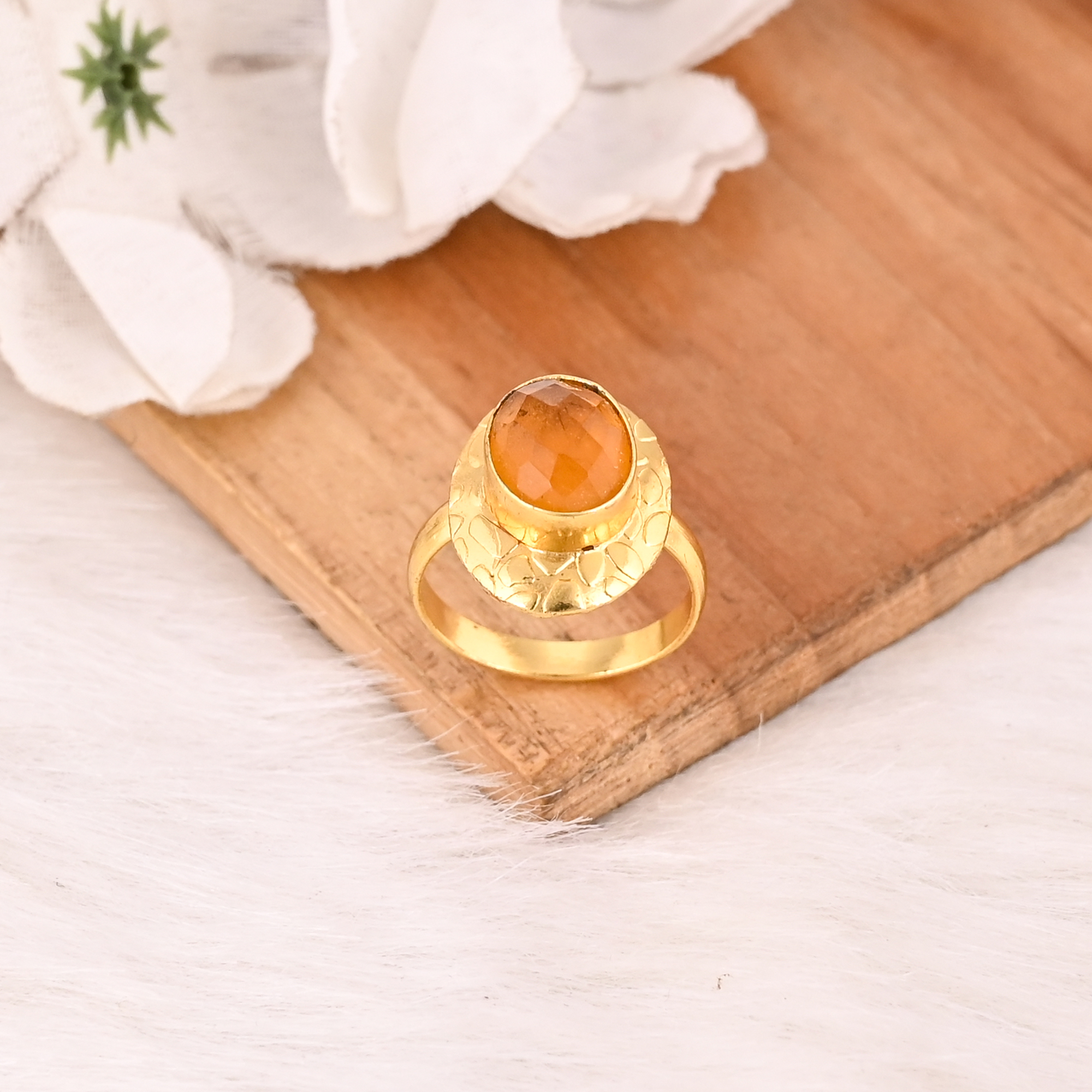 Elegant Hydro Citrine Adjustable Ring Handmade Gold Plated Brass Gemstone Jewelry for Women