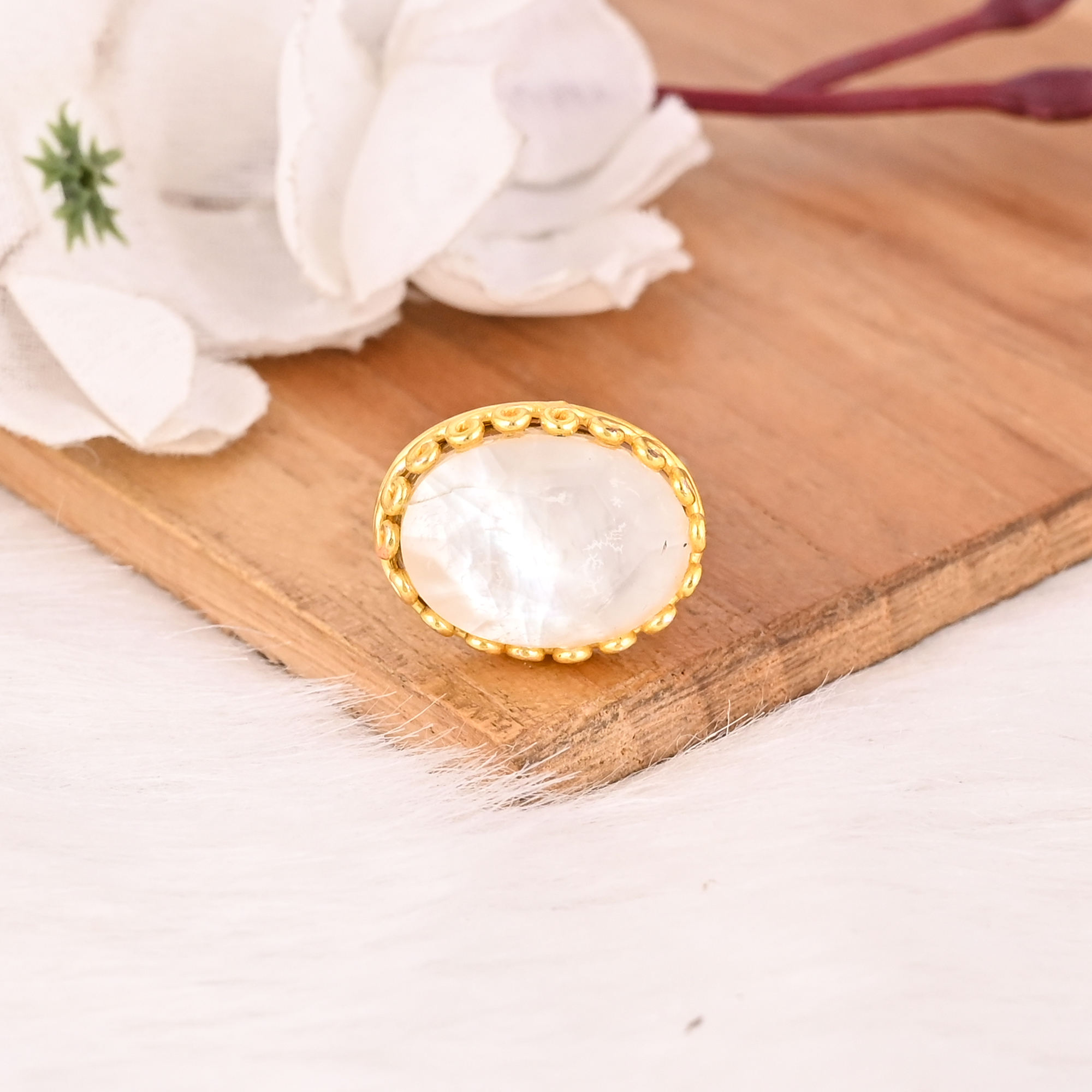 Brass Natural Crystal and Mother of Pearl Doublet Gemstone Stylish Gold Plated Handmade Ring for Women