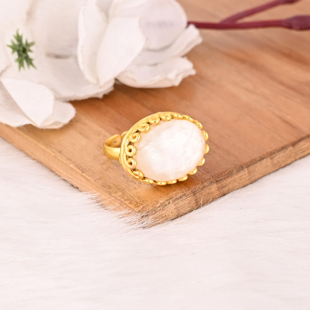 Image of Brass Natural Crystal and Mother of Pearl Doublet Gemstone Stylish Gold Plated Handmade Ring for Women