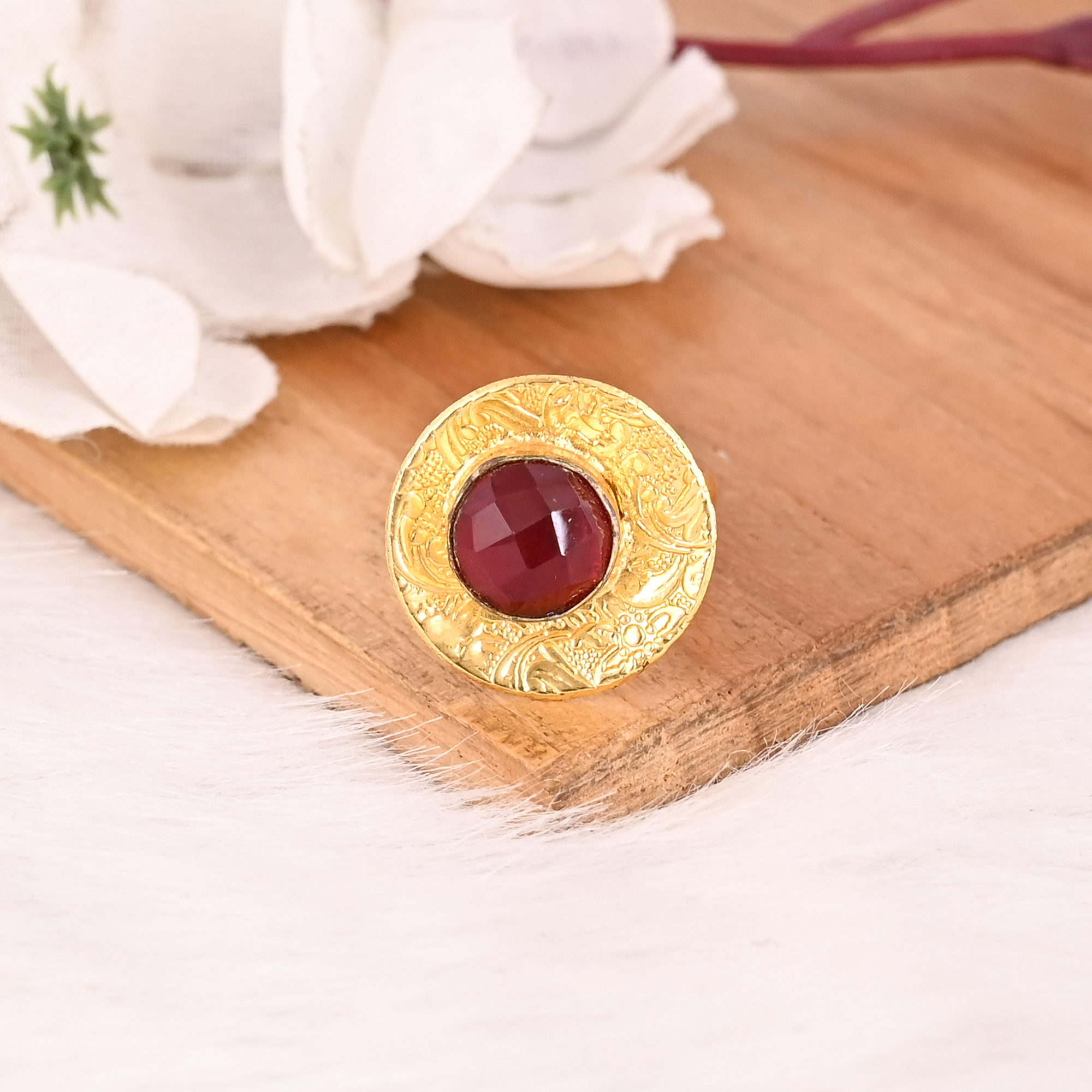 Stylish Gold Plated Garnet Hydro Brass Gemstone Ring for Women