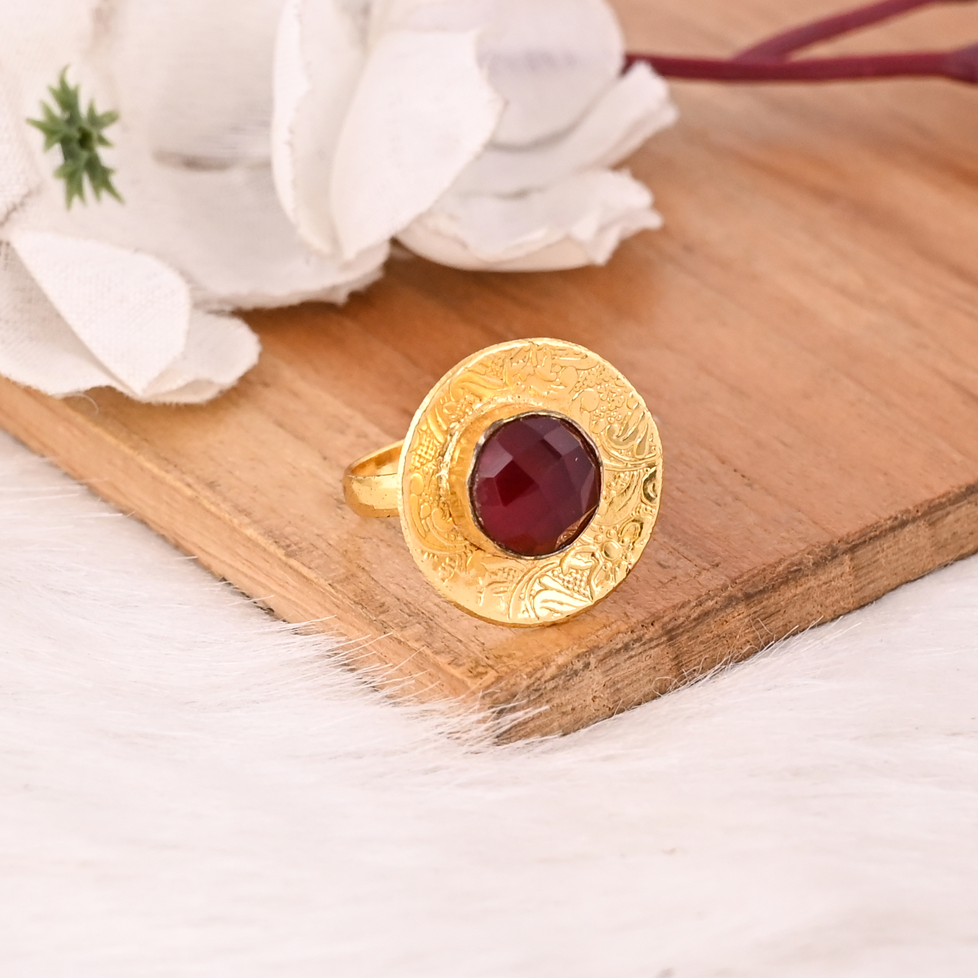 Stylish Gold Plated Garnet Hydro Brass Gemstone Ring for Women