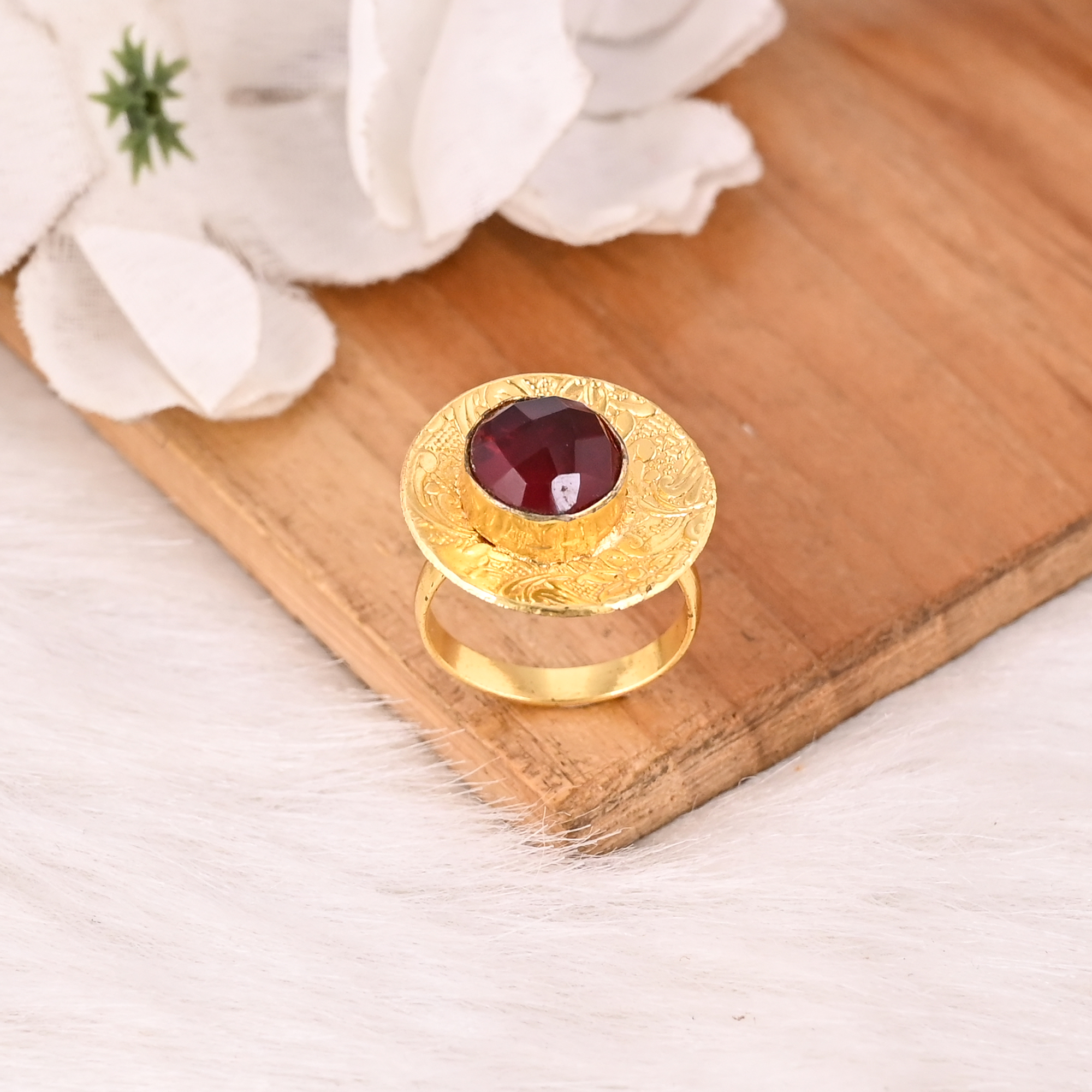 Stylish Gold Plated Garnet Hydro Brass Gemstone Ring for Women