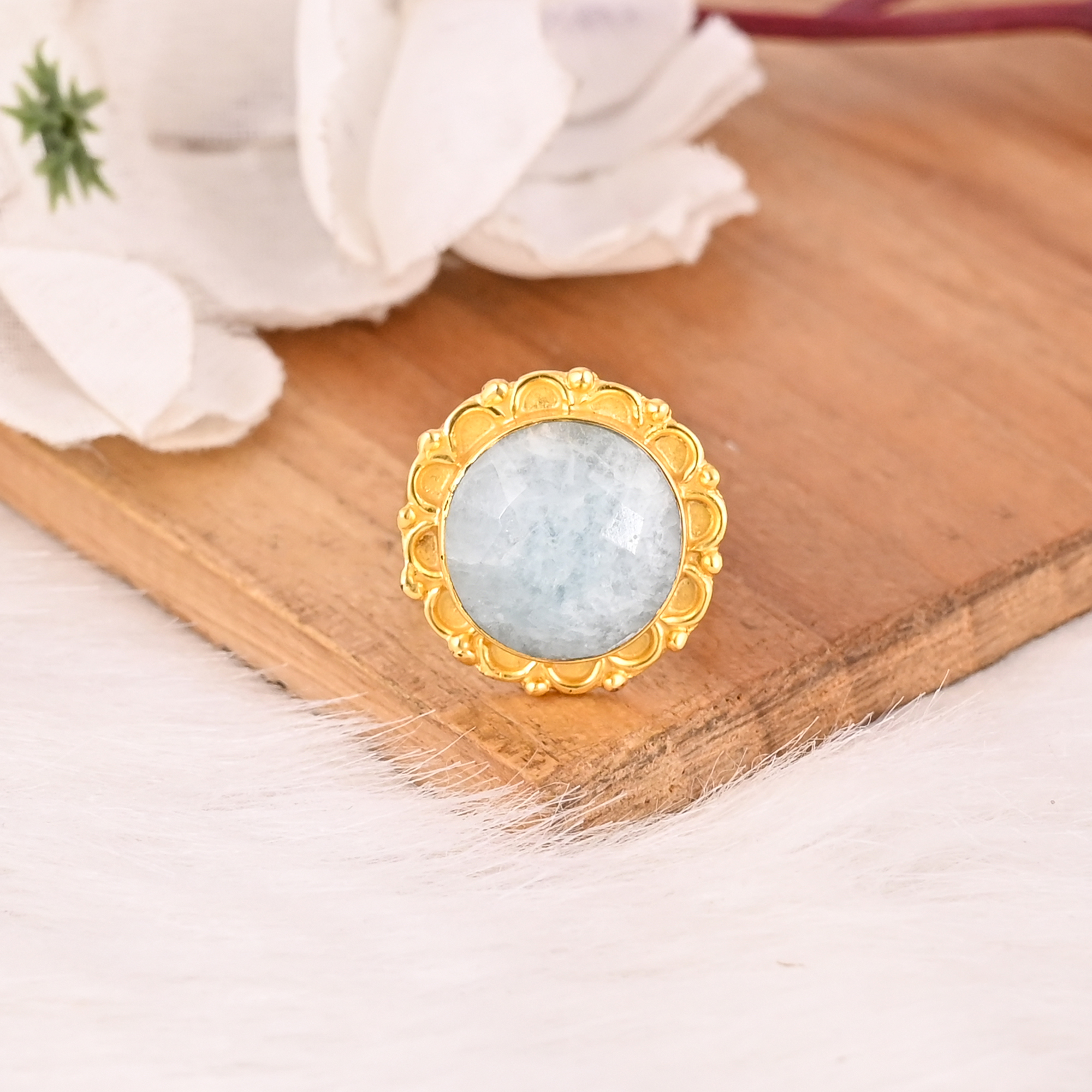 Natural Aquamarine Brass Ring Handmade Stylish Jewelry for Women