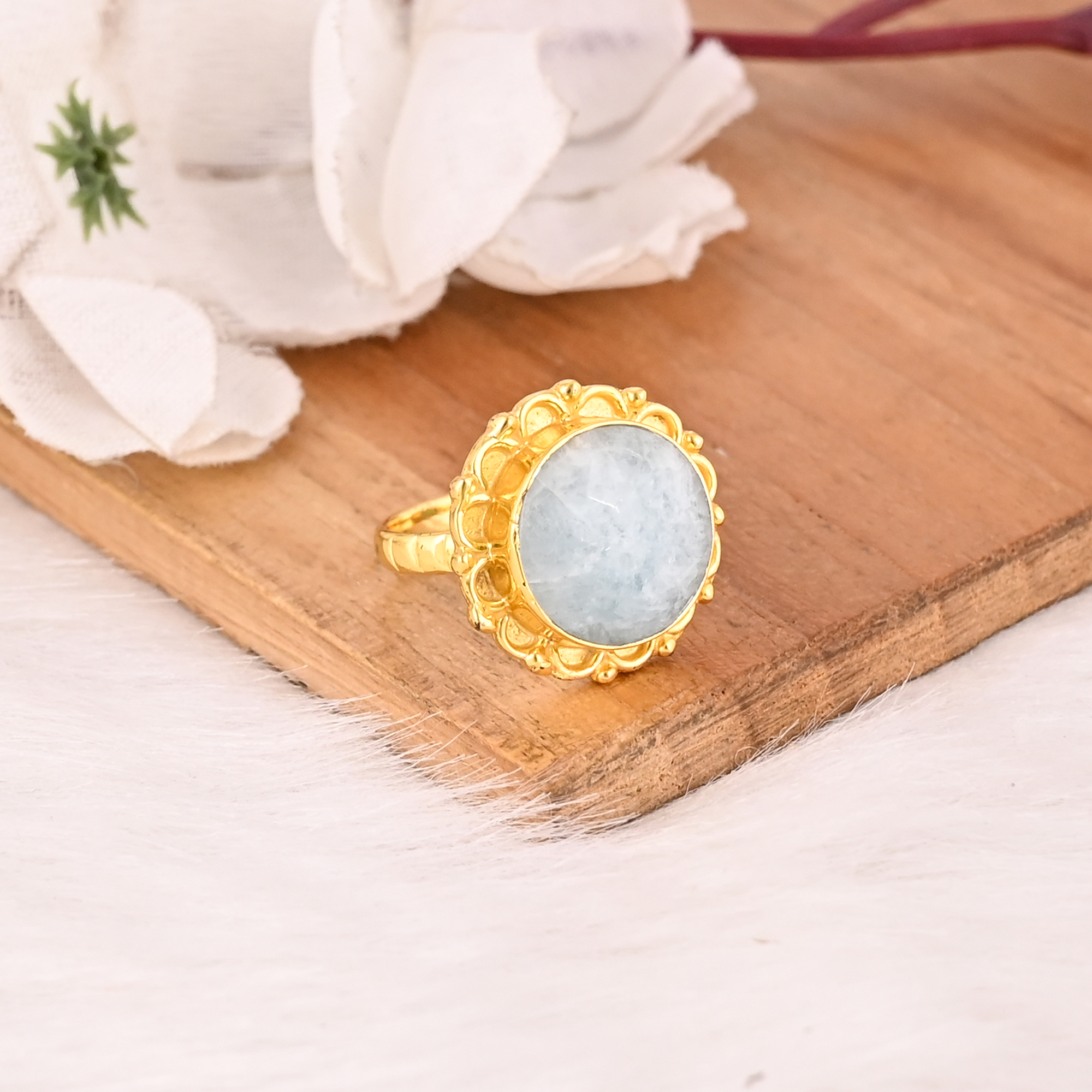 Natural Aquamarine Brass Ring Handmade Stylish Jewelry for Women