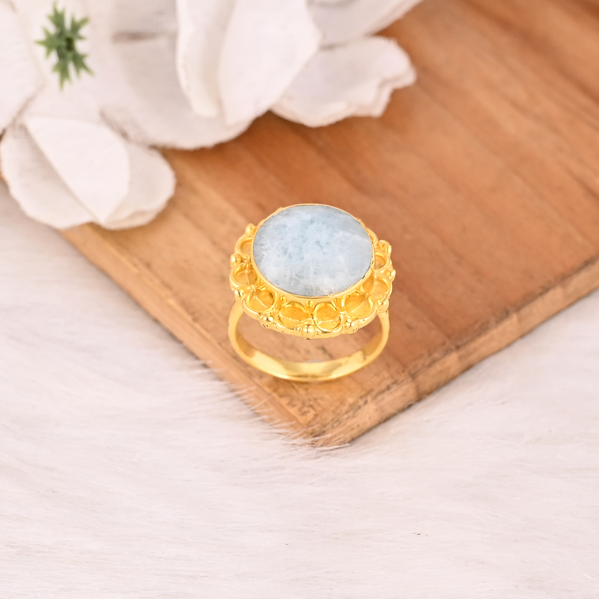 Natural Aquamarine Brass Ring Handmade Stylish Jewelry for Women