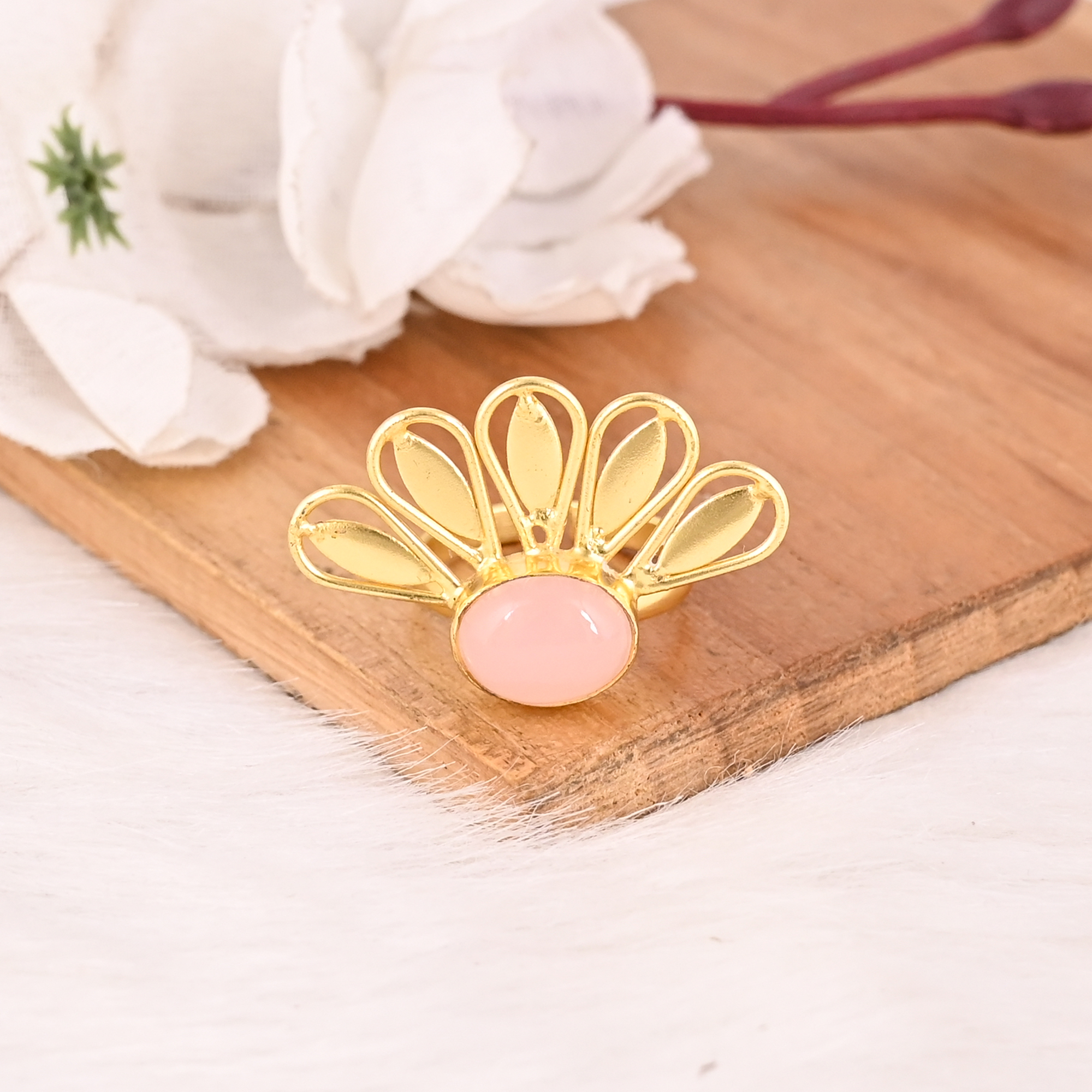 Handmade Rose Chalcedony Gemstone Brass Ring Stylish Brass Jewelry for Women