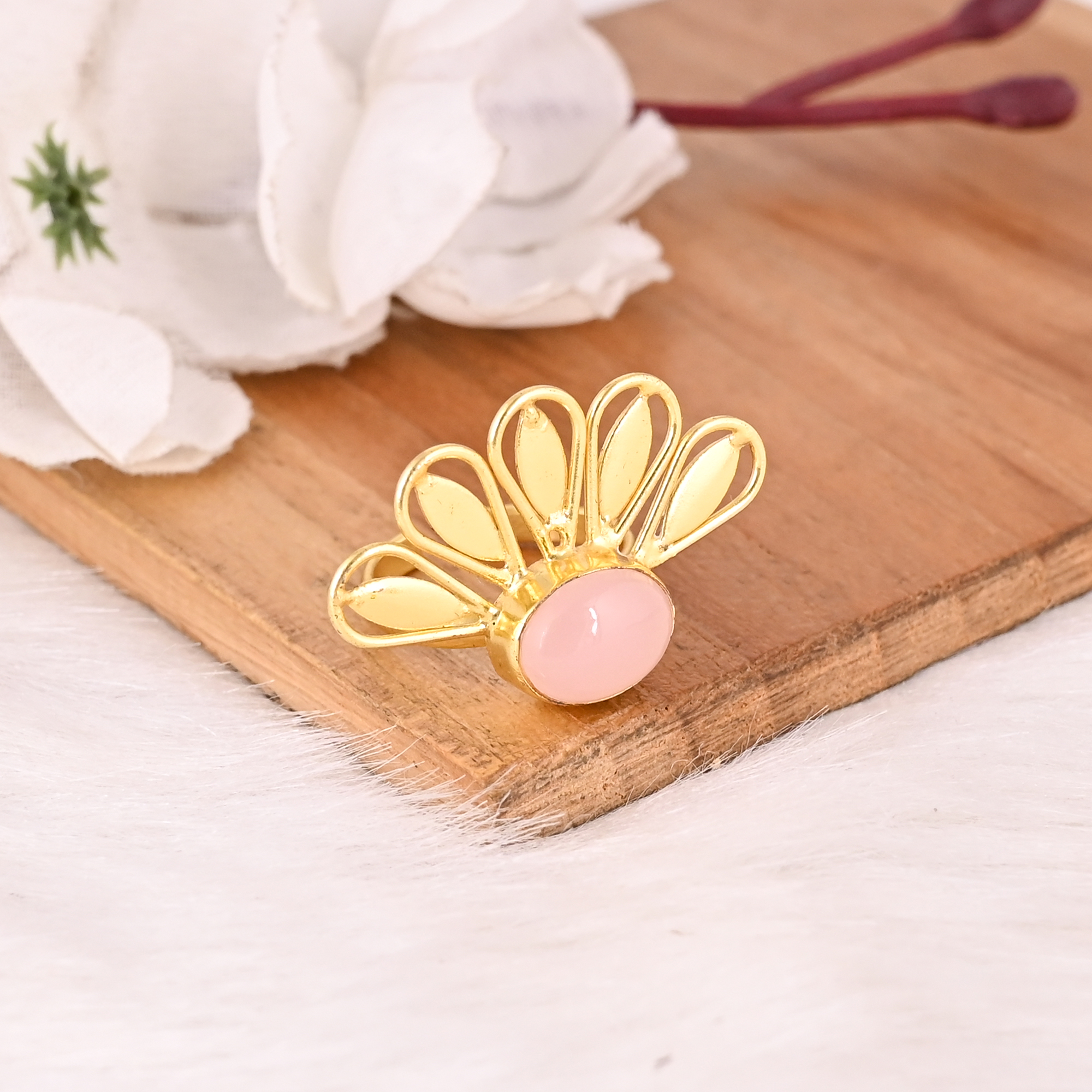 Handmade Rose Chalcedony Gemstone Brass Ring Stylish Brass Jewelry for Women