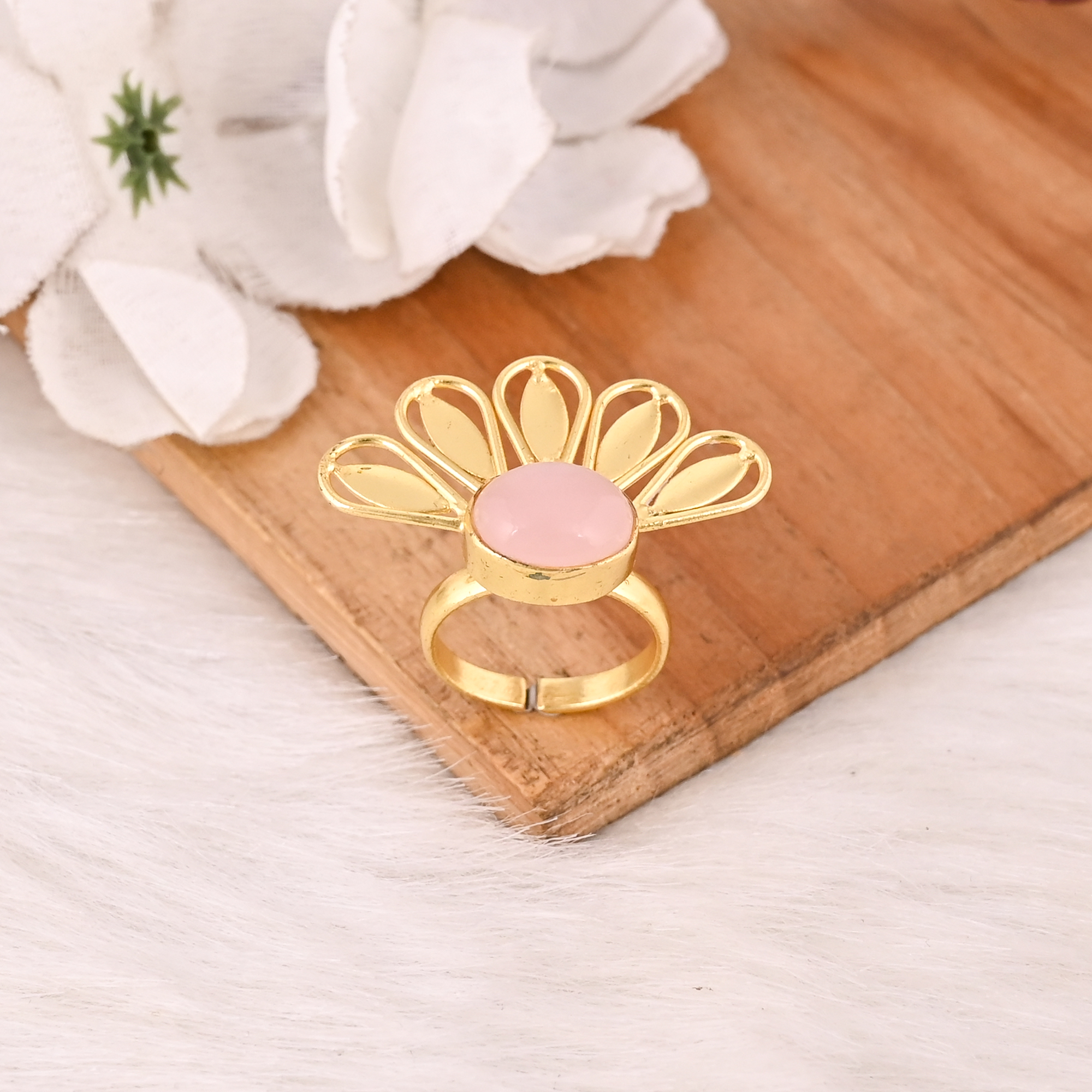 Handmade Rose Chalcedony Gemstone Brass Ring Stylish Brass Jewelry for Women