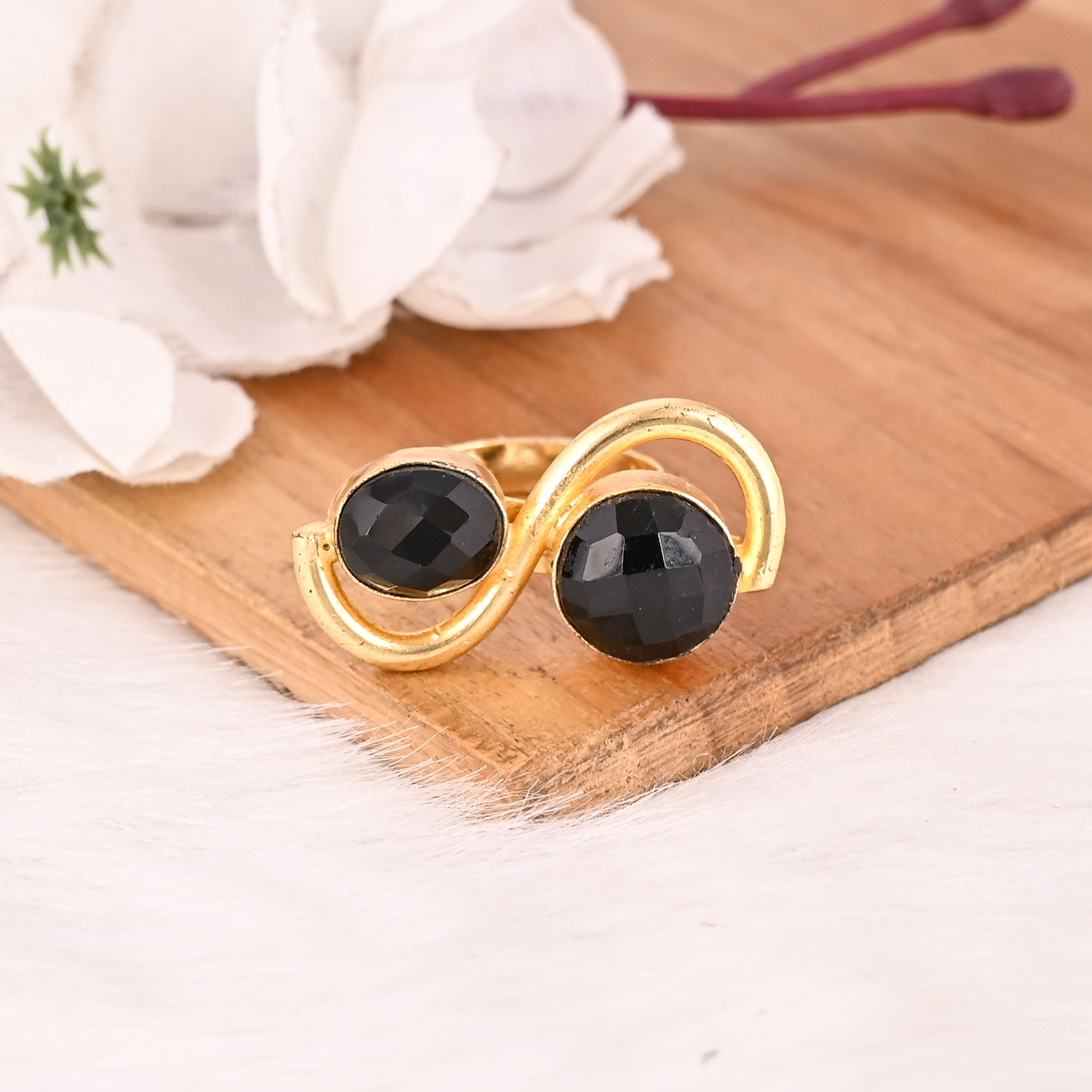 Elegant Black Onyx Dual Stone Brass Ring Handmade Adjustable Stylish Jewelry for Women