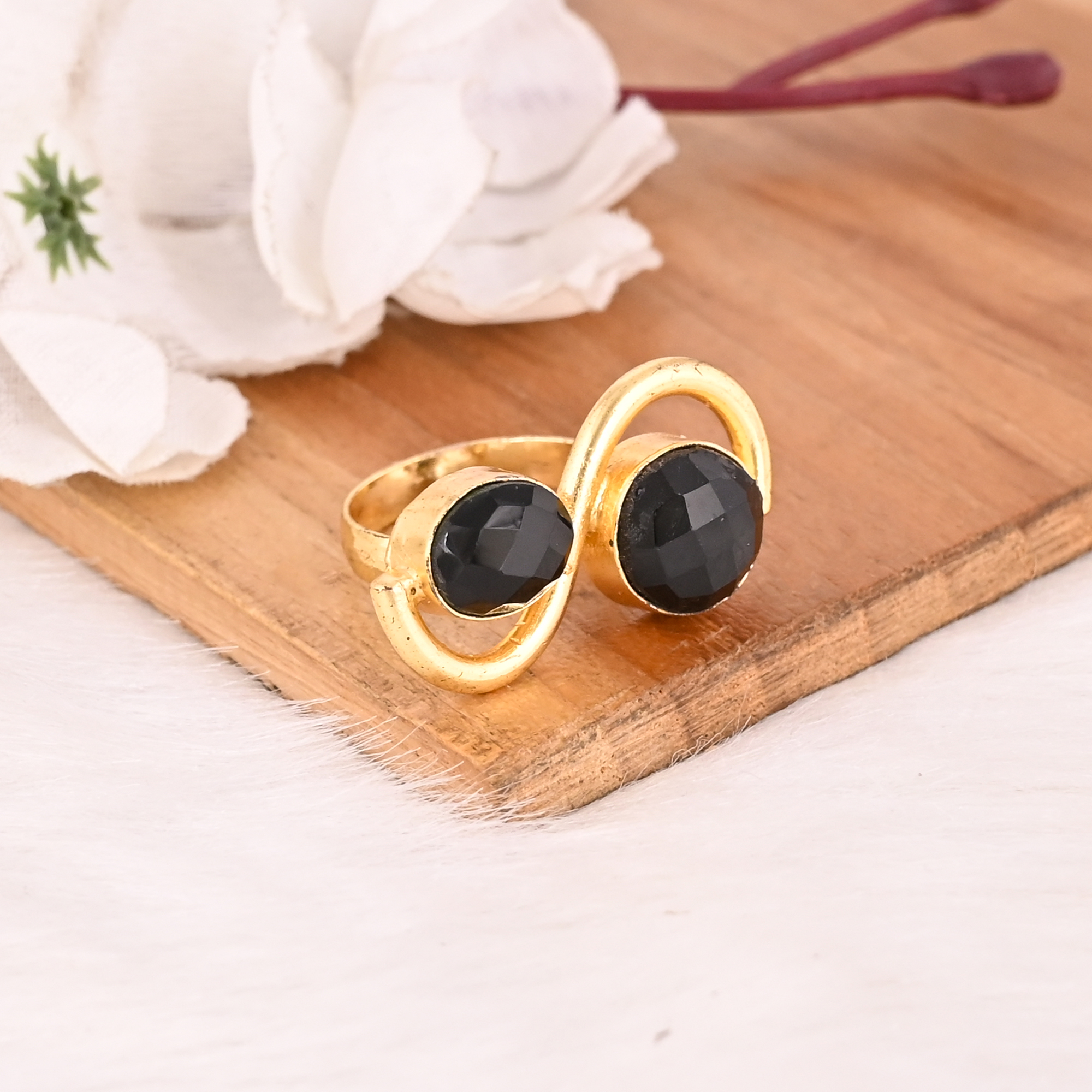 Elegant Black Onyx Dual Stone Brass Ring Handmade Adjustable Stylish Jewelry for Women
