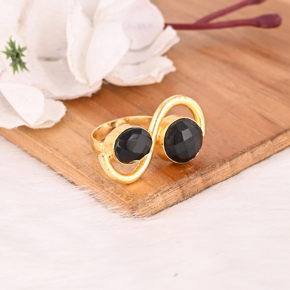 Image of Elegant Black Onyx Dual Stone Brass Ring Handmade Adjustable Stylish Jewelry for Women