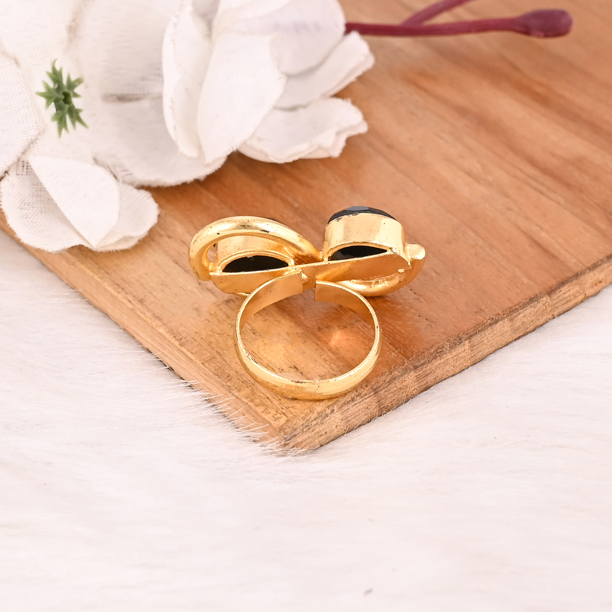 Elegant Black Onyx Dual Stone Brass Ring Handmade Adjustable Stylish Jewelry for Women