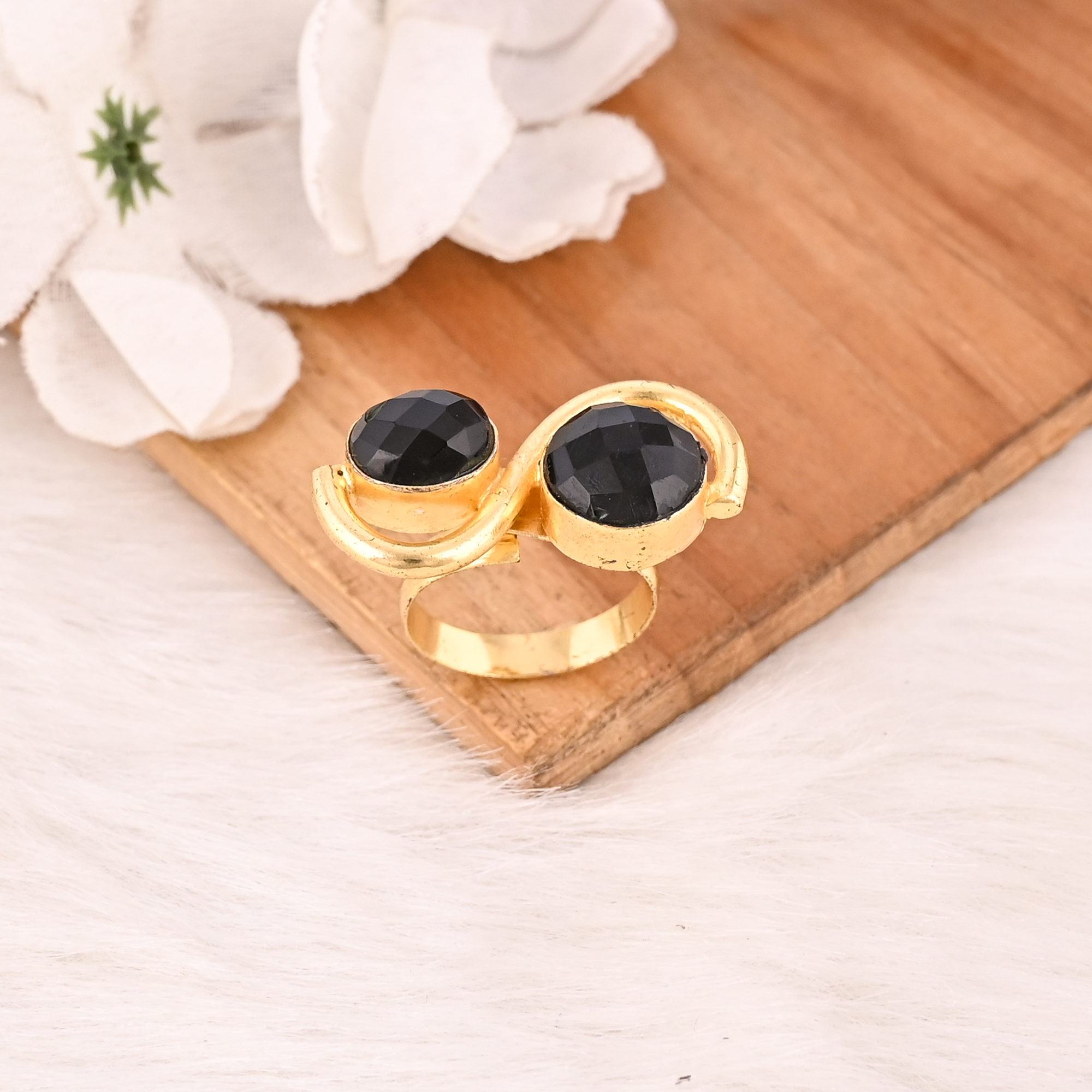 Elegant Black Onyx Dual Stone Brass Ring Handmade Adjustable Stylish Jewelry for Women