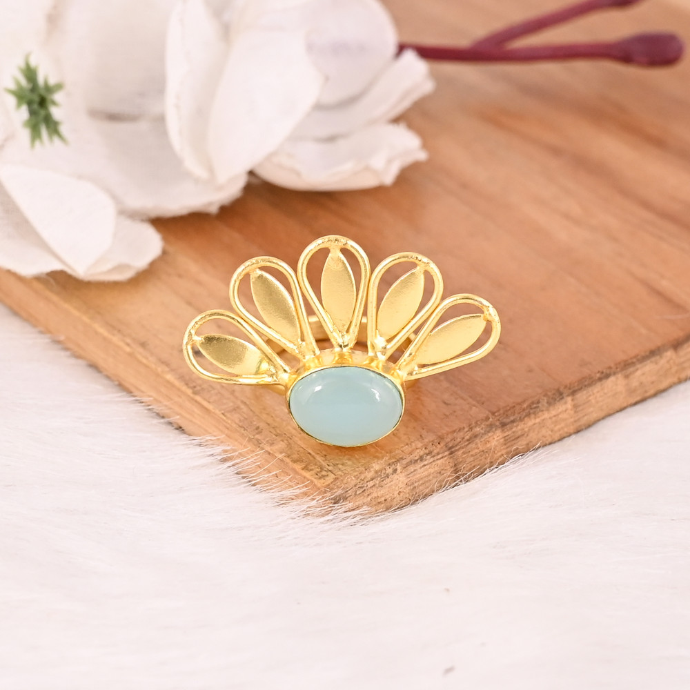Image of Trendy Aqua Chalcedony Brass Ring for Women Gold Plated Gemstone Wedding Engagement Fashion Jewelry