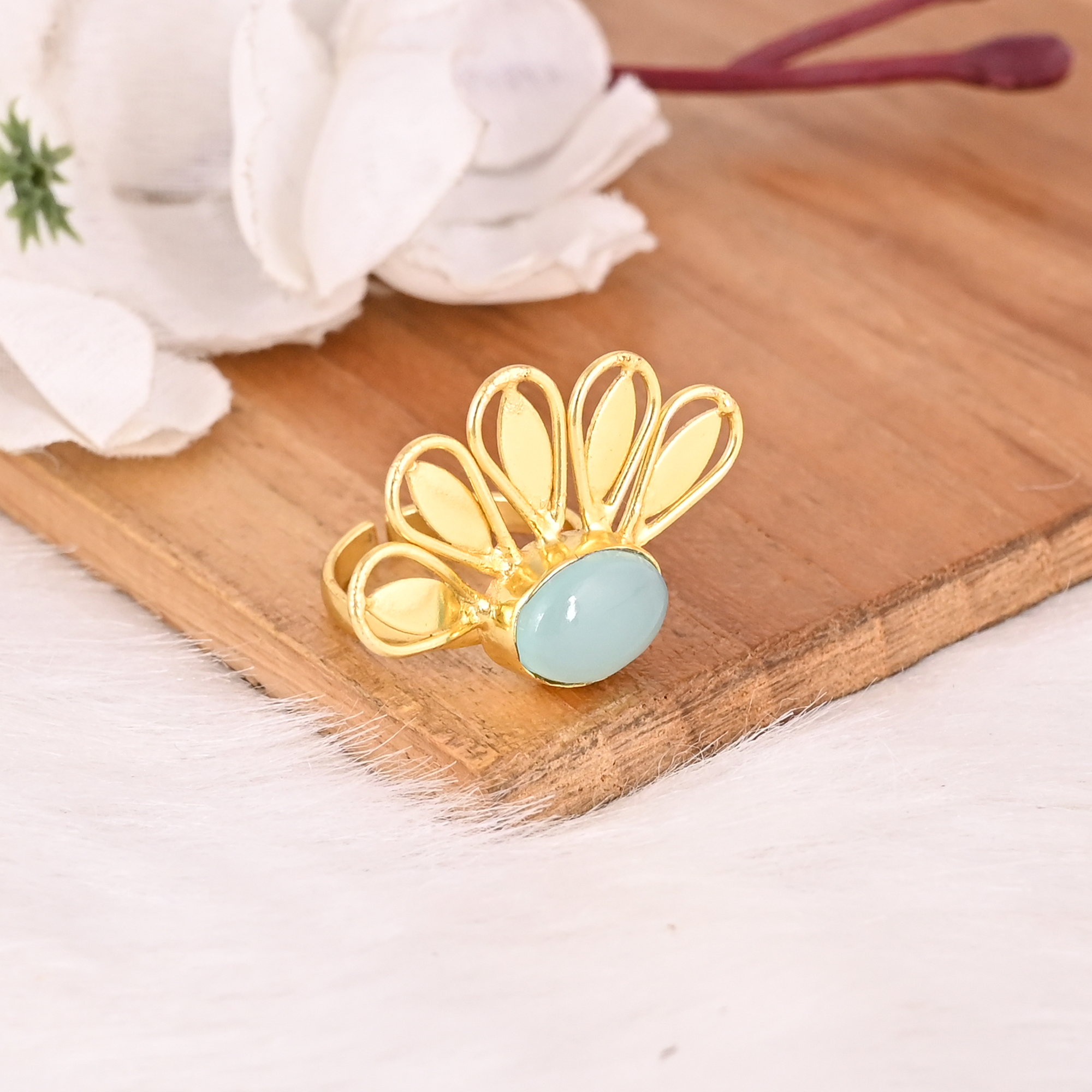 Trendy Aqua Chalcedony Brass Ring for Women Gold Plated Gemstone Wedding Engagement Fashion Jewelry